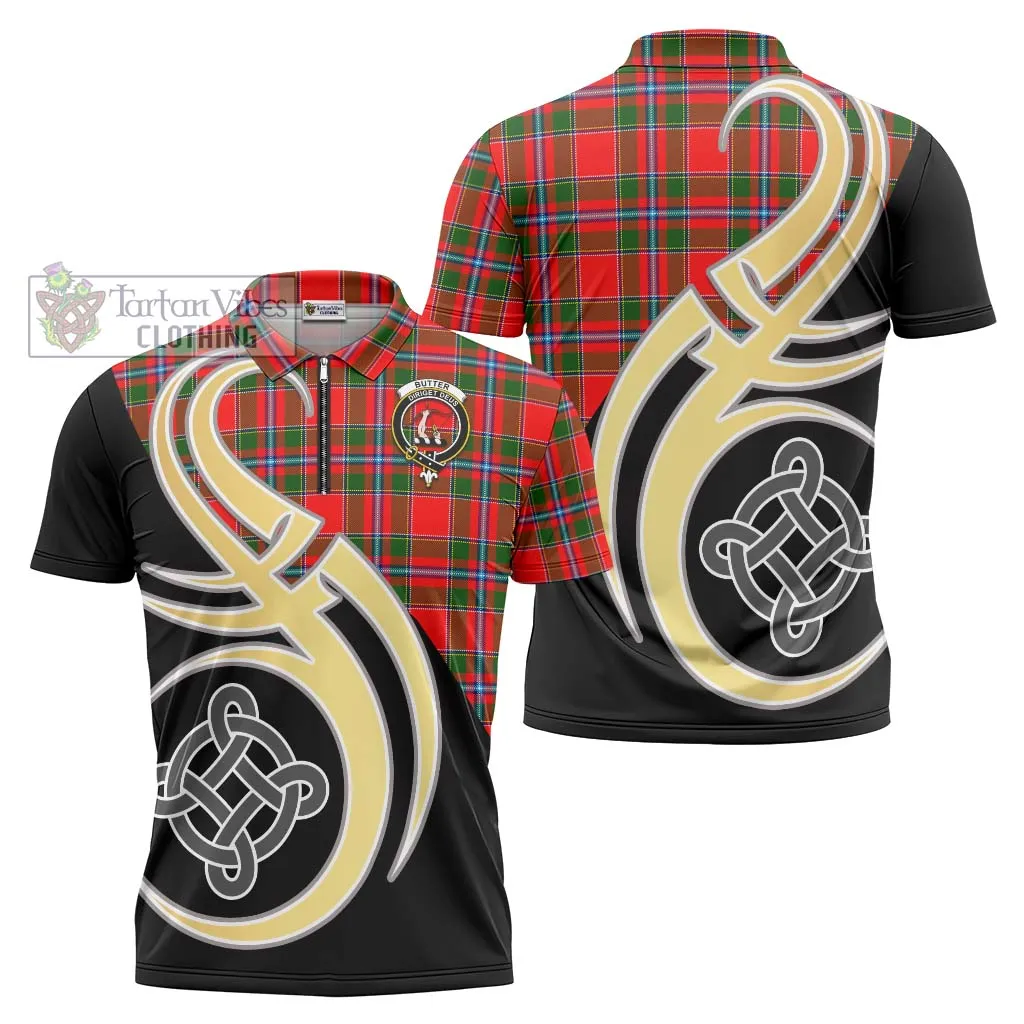 Butter Tartan Zipper Polo Shirt with Family Crest and Celtic Symbol Style