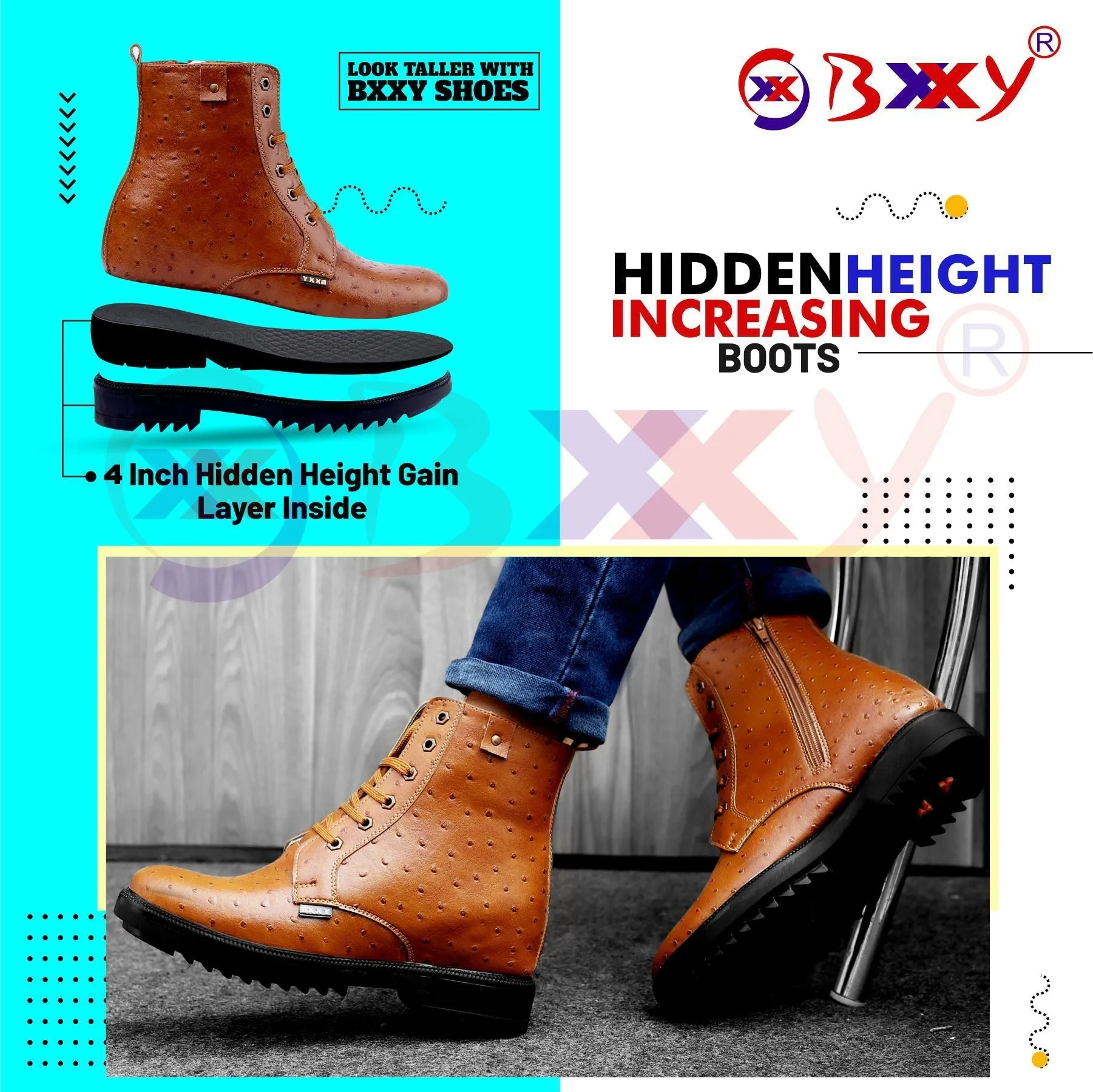 Bxxy's 4 Inch Hidden Height Increasing Vegan Leather Crocodile Textured High Ankle Lace-up Boots for Men