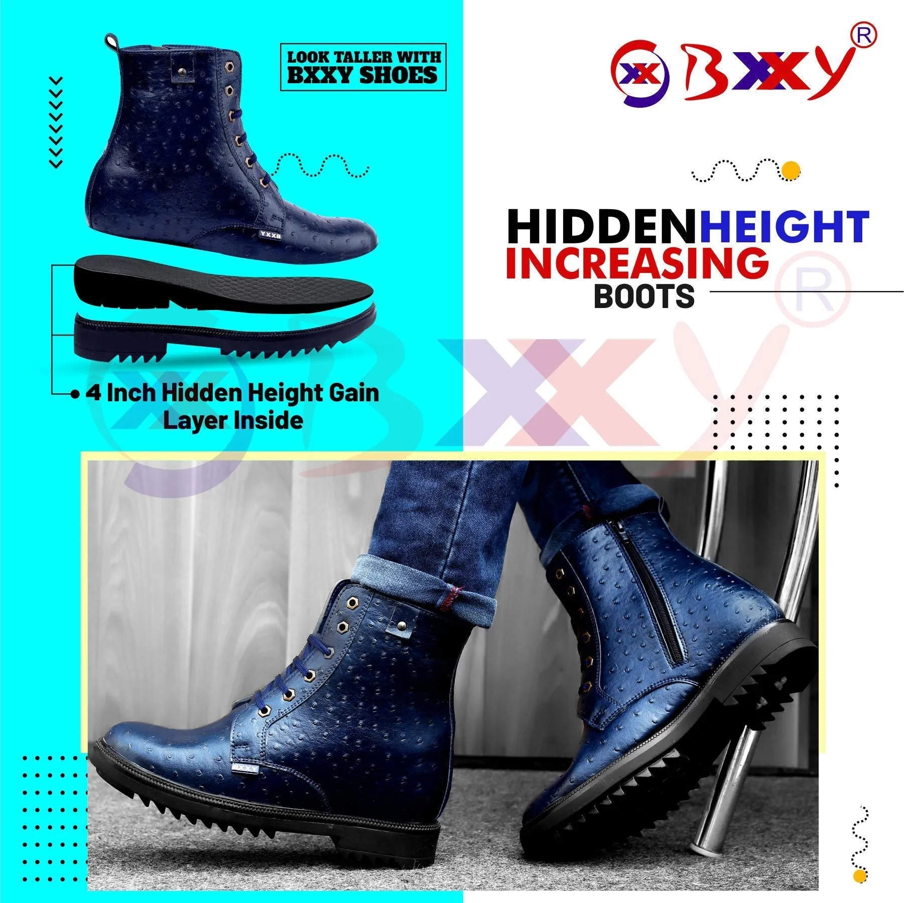 Bxxy's 4 Inch Hidden Height Increasing Vegan Leather Crocodile Textured High Ankle Lace-up Boots for Men