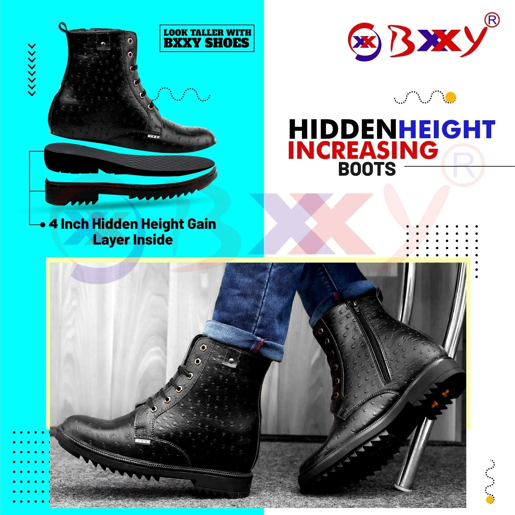 Bxxy's 4 Inch Hidden Height Increasing Vegan Leather Crocodile Textured High Ankle Lace-up Boots for Men