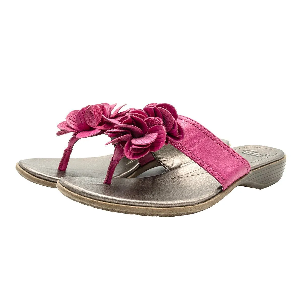 Clarks Floral Strap Flat Sandals Leather Pink Colour For Women