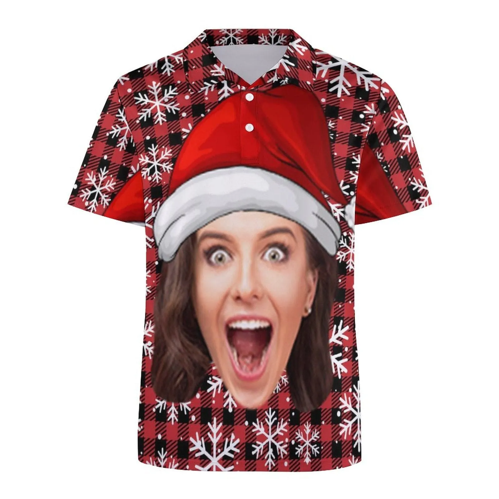 Custom Face Christmas Hat Red Black Plaid All Over Print Polo Shirt Personalized Men's Golf Shirt