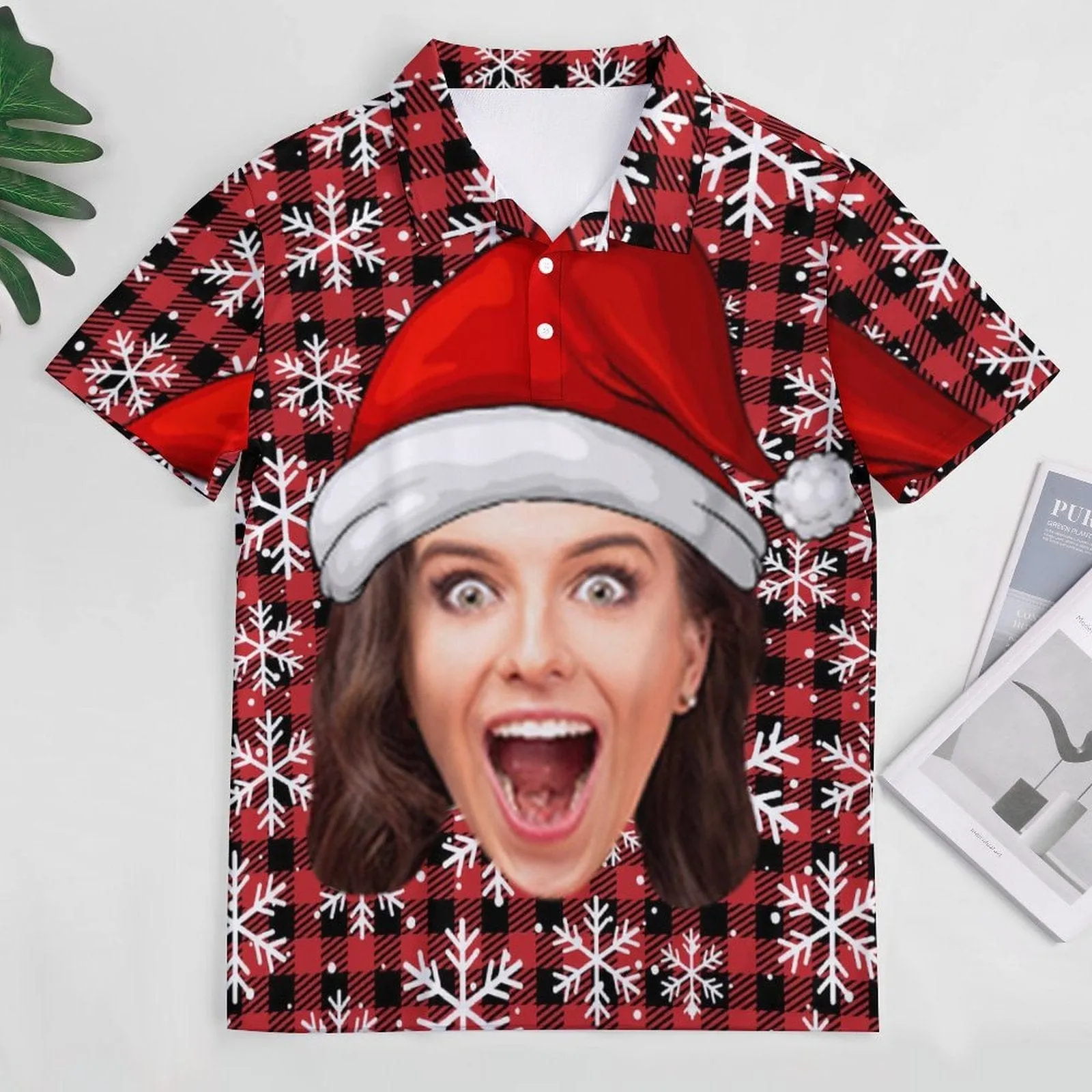 Custom Face Christmas Hat Red Black Plaid All Over Print Polo Shirt Personalized Men's Golf Shirt