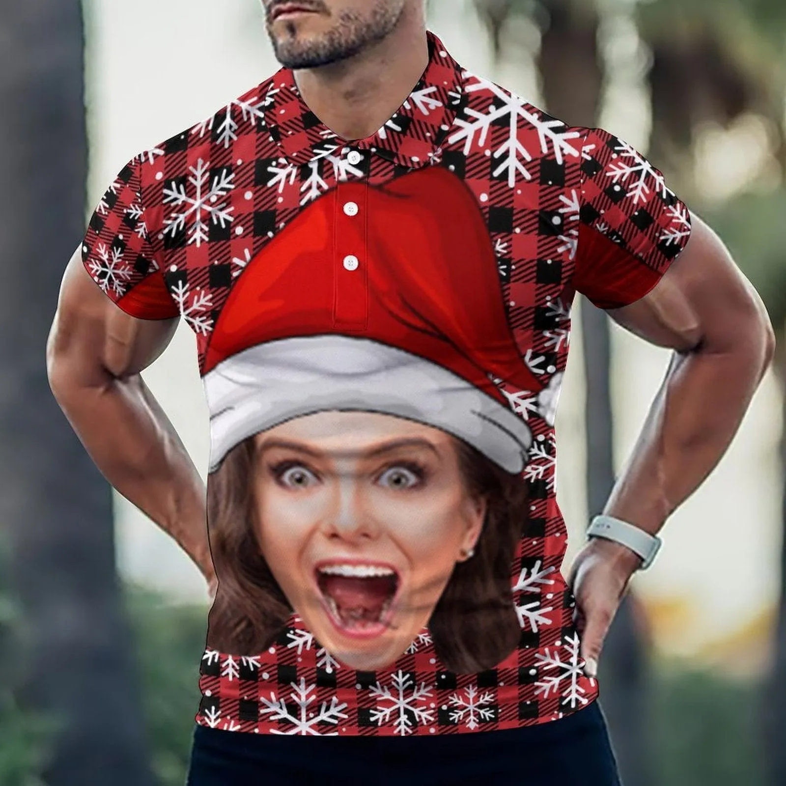 Custom Face Christmas Hat Red Black Plaid All Over Print Polo Shirt Personalized Men's Golf Shirt