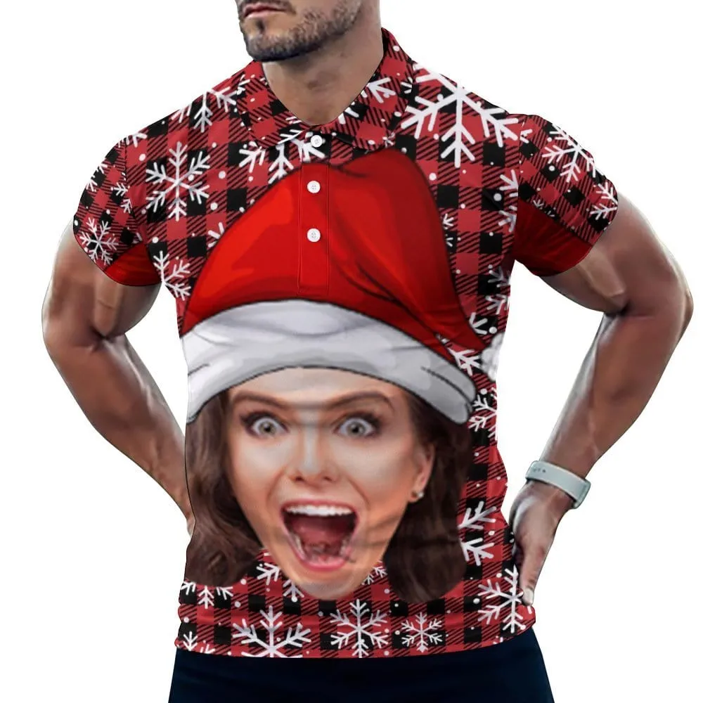 Custom Face Christmas Hat Red Black Plaid All Over Print Polo Shirt Personalized Men's Golf Shirt