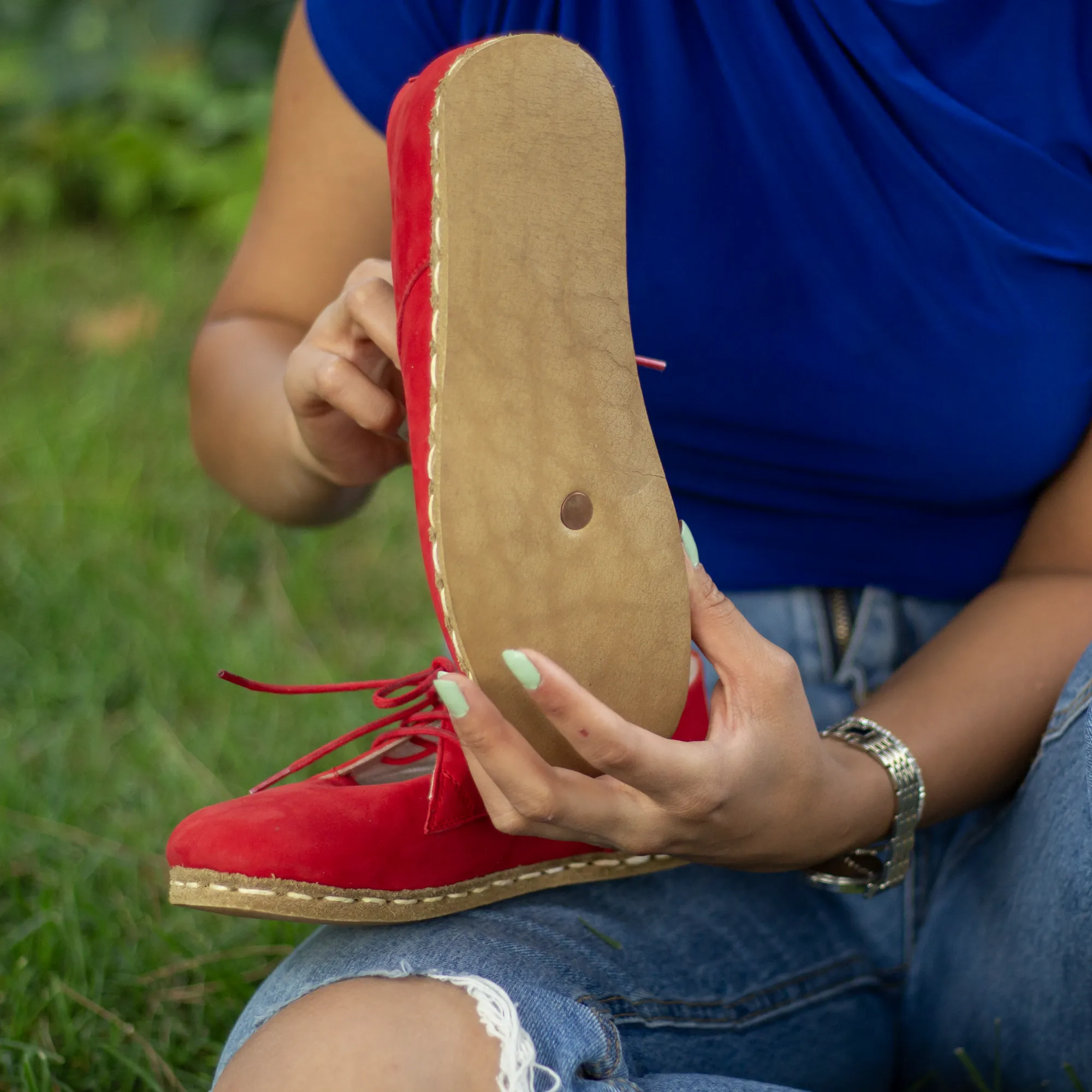 Earthing Shoes With Copper, Oxford Style Lace-up for Women, Red Nubuck