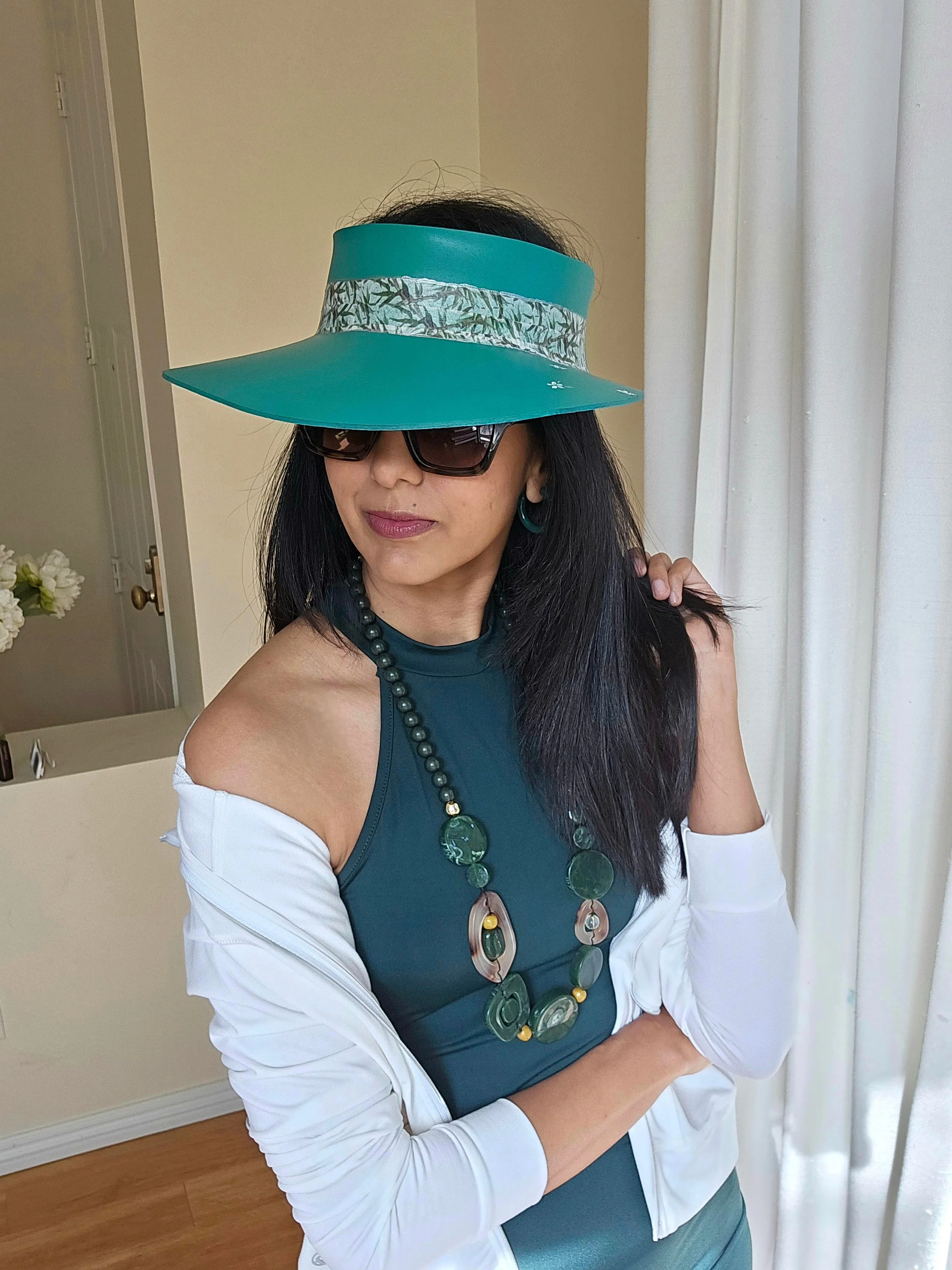 Emerald Green LadyEVA Visor Hat with Leaf Band and Handpainted Floral Motif