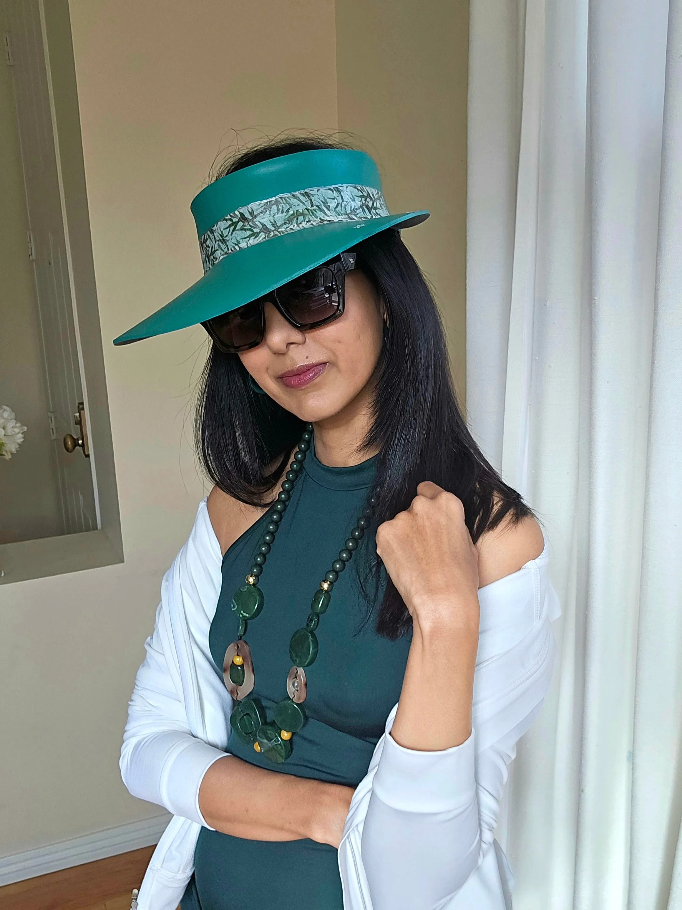 Emerald Green LadyEVA Visor Hat with Leaf Band and Handpainted Floral Motif