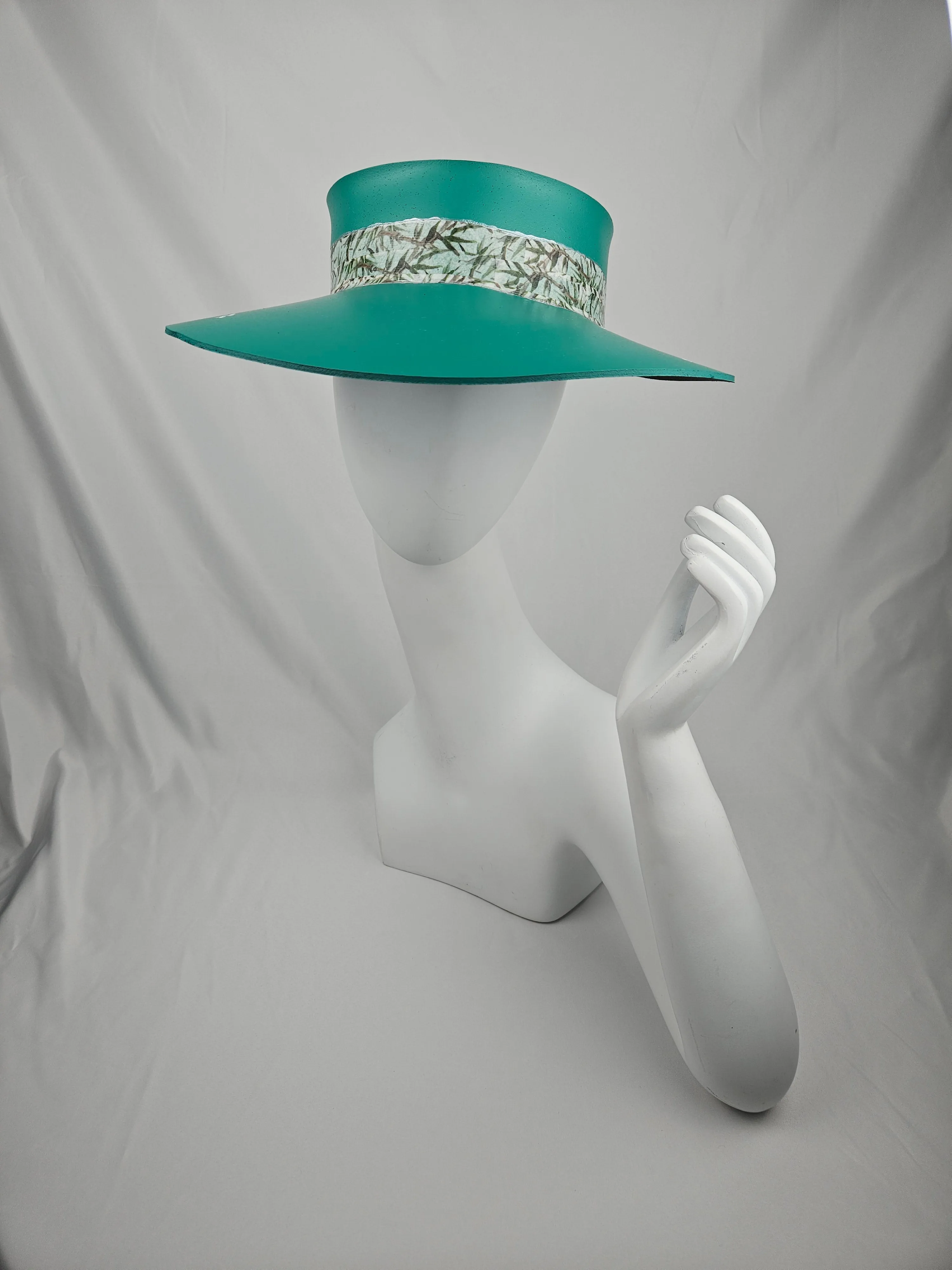 Emerald Green LadyEVA Visor Hat with Leaf Band and Handpainted Floral Motif