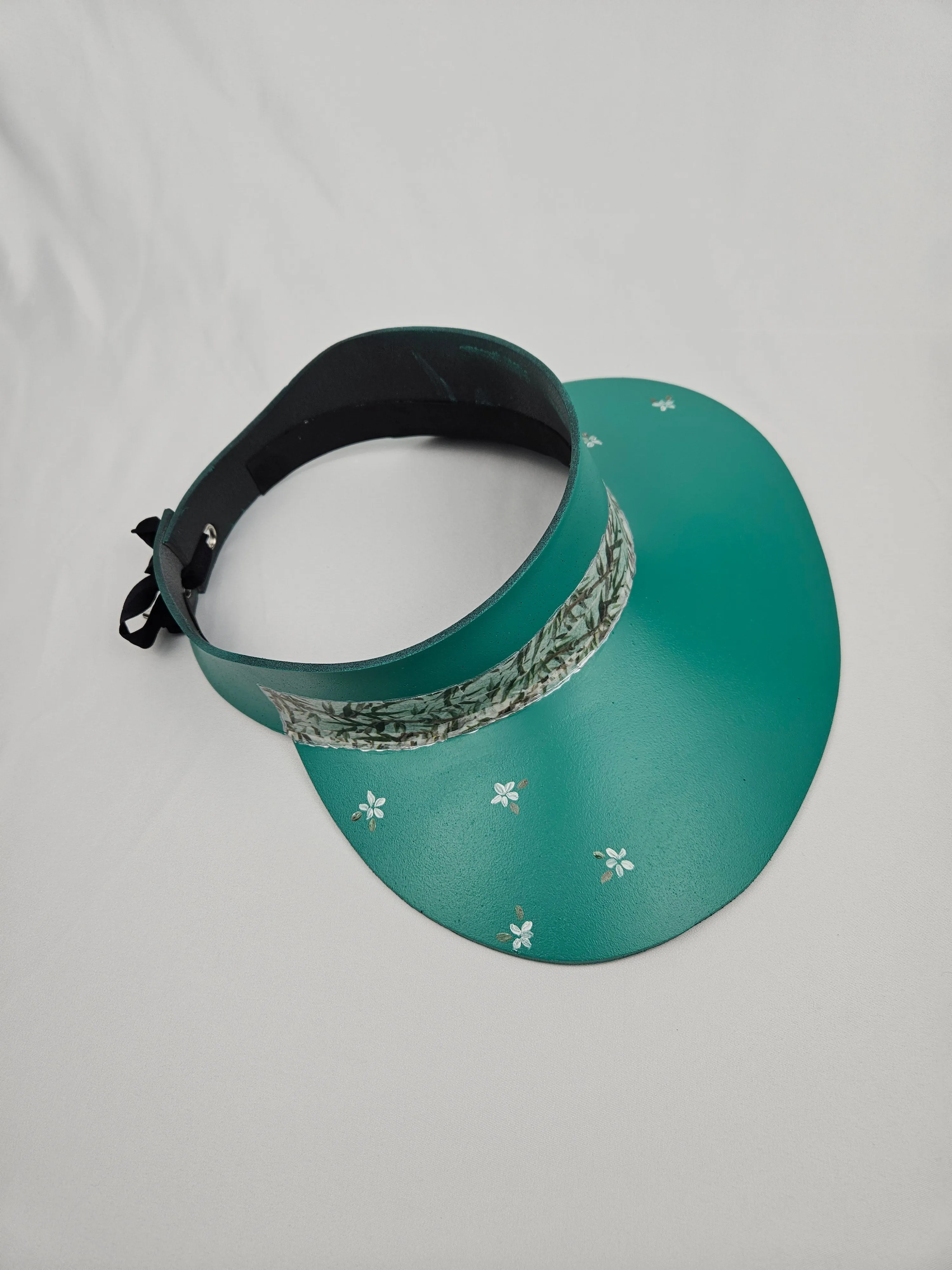 Emerald Green LadyEVA Visor Hat with Leaf Band and Handpainted Floral Motif