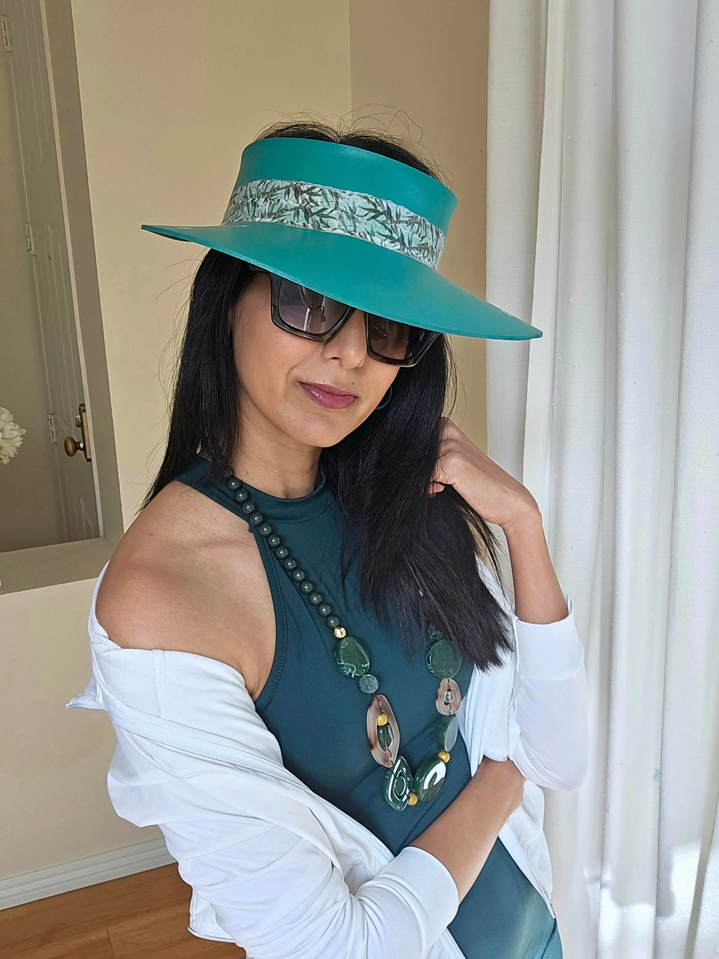 Emerald Green LadyEVA Visor Hat with Leaf Band and Handpainted Floral Motif