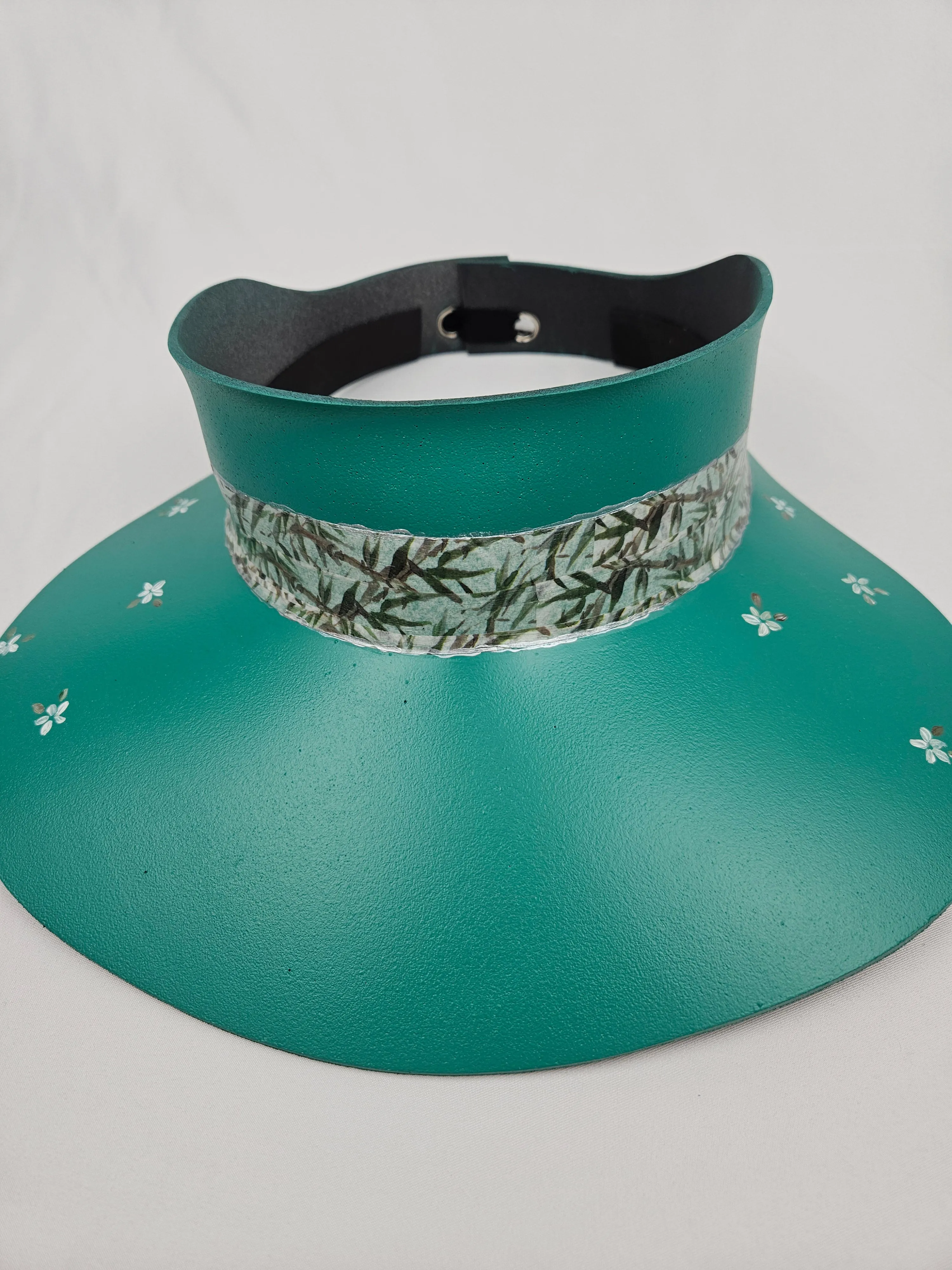 Emerald Green LadyEVA Visor Hat with Leaf Band and Handpainted Floral Motif