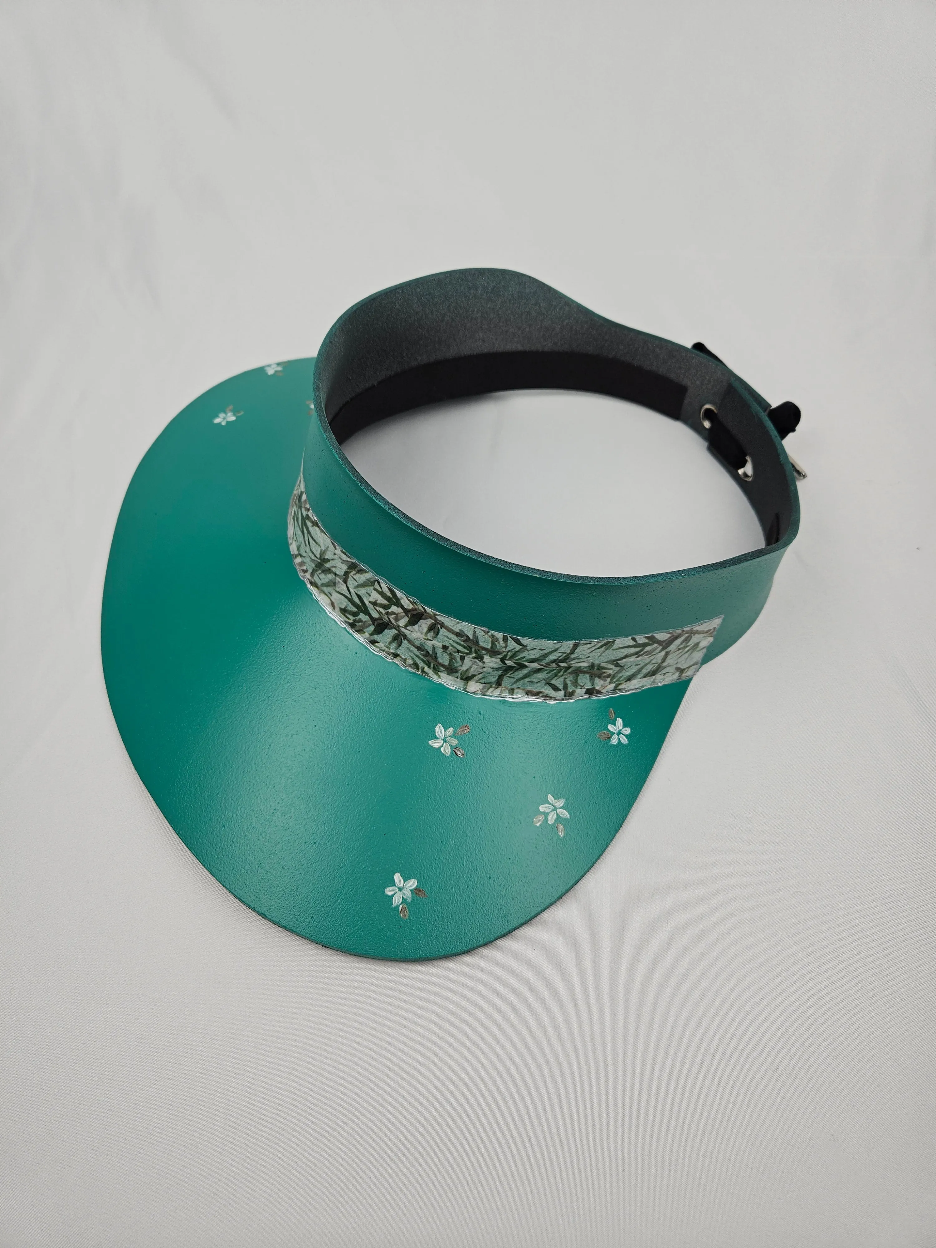 Emerald Green LadyEVA Visor Hat with Leaf Band and Handpainted Floral Motif