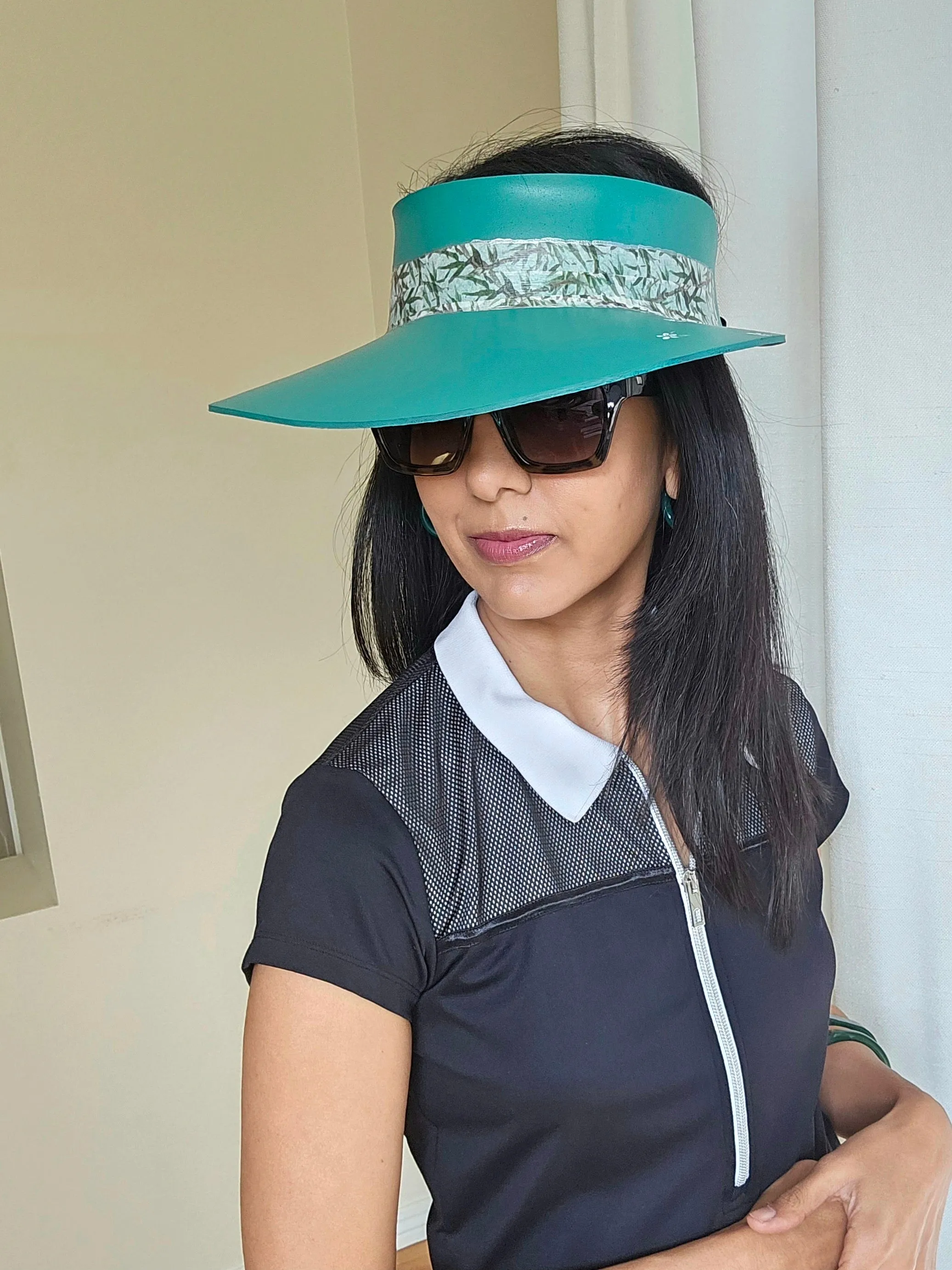 Emerald Green LadyEVA Visor Hat with Leaf Band and Handpainted Floral Motif