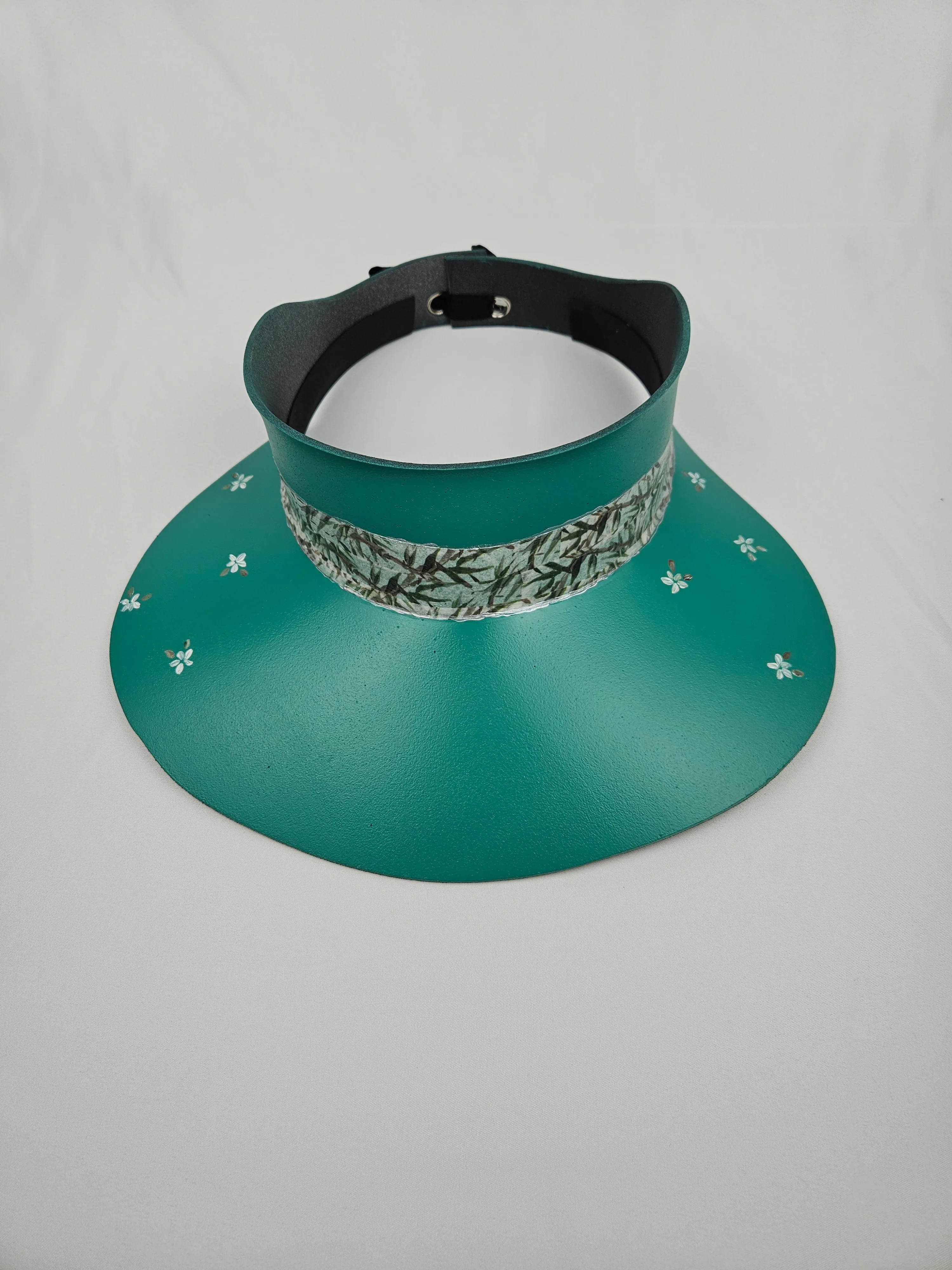 Emerald Green LadyEVA Visor Hat with Leaf Band and Handpainted Floral Motif