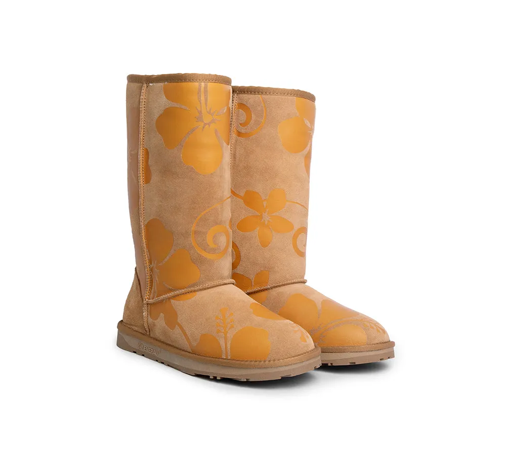 EVERAU® UGG Boots Sheepskin Wool Yellow Floral Print Tall Classic Suede EU41