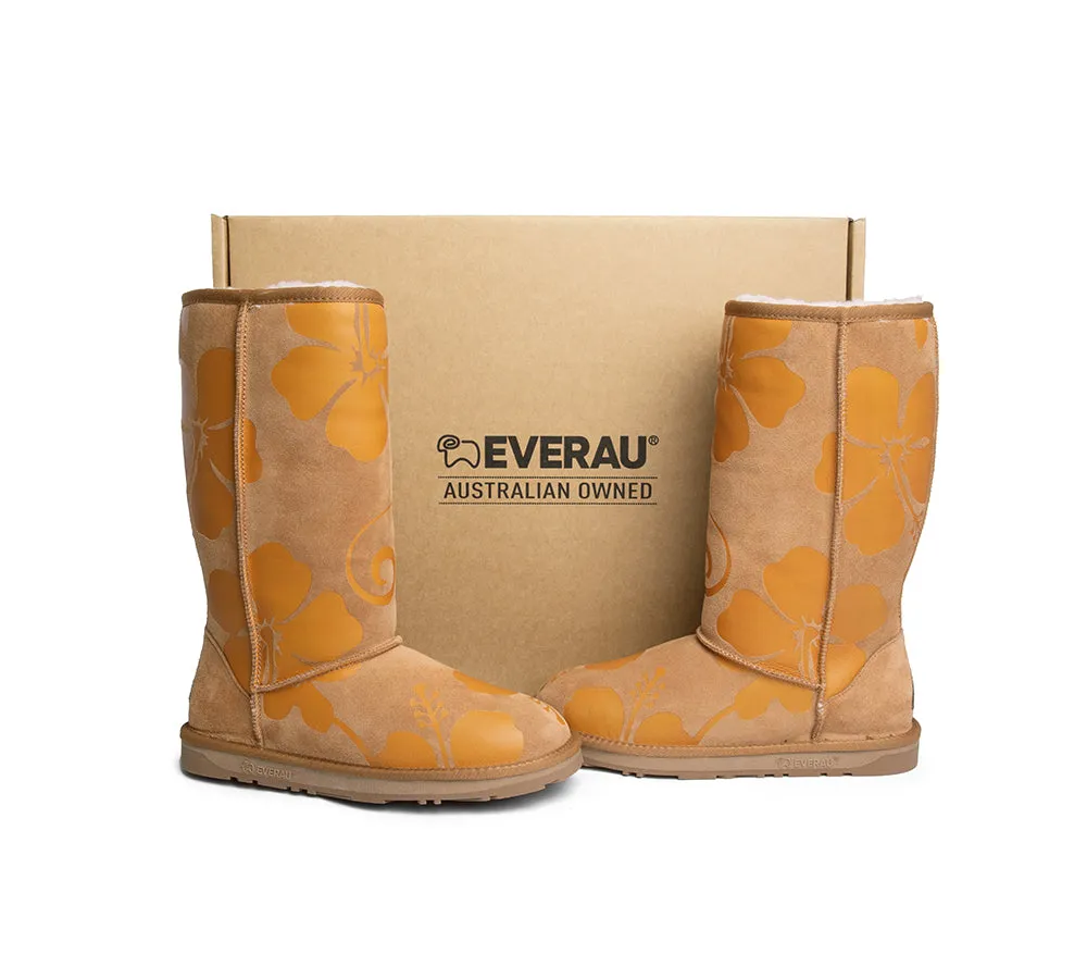 EVERAU® UGG Boots Sheepskin Wool Yellow Floral Print Tall Classic Suede EU41