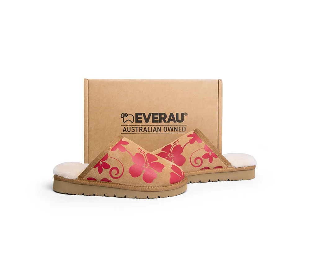 EVERAU® UGG Slippers Sheepskin Wool Red Floral Print Suede Cruz EU40