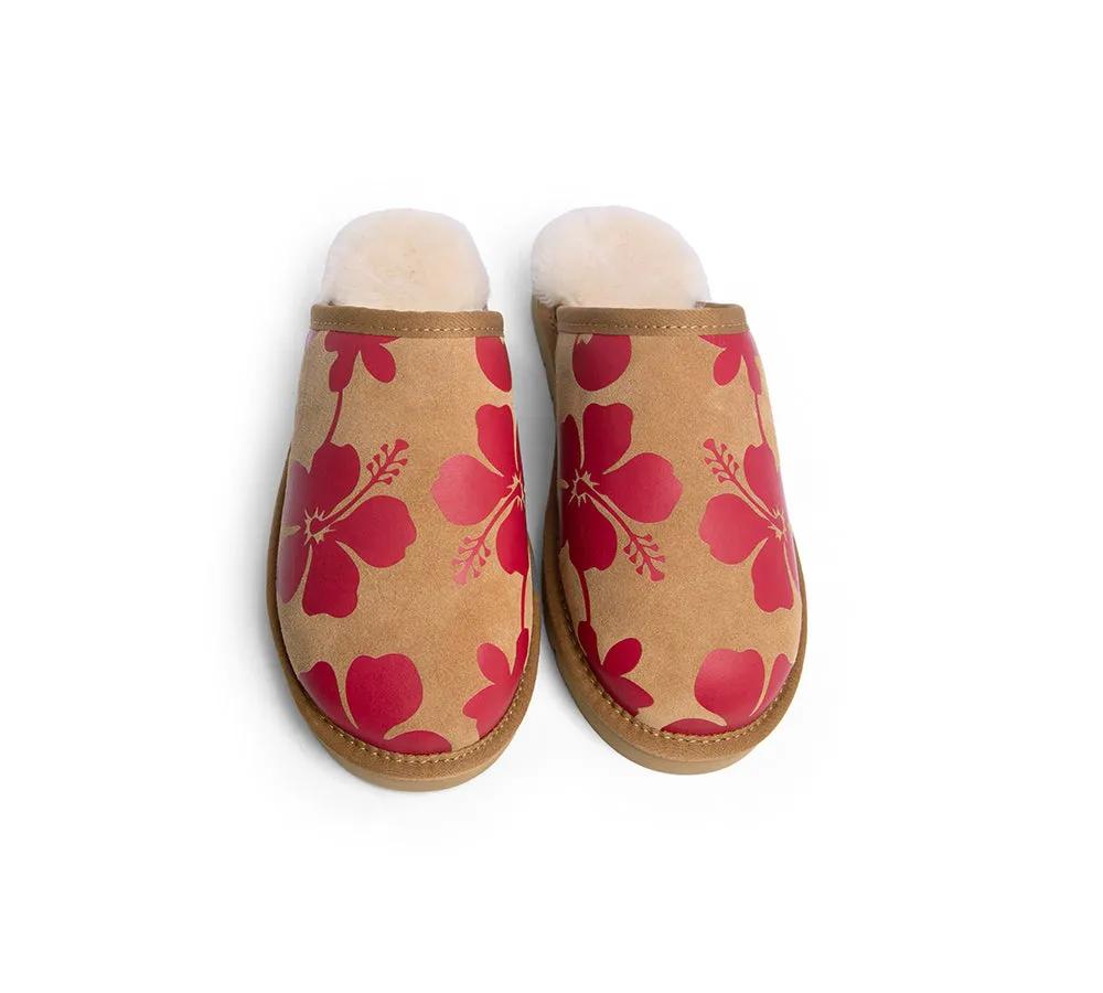 EVERAU® UGG Slippers Sheepskin Wool Red Floral Print Suede Cruz EU40