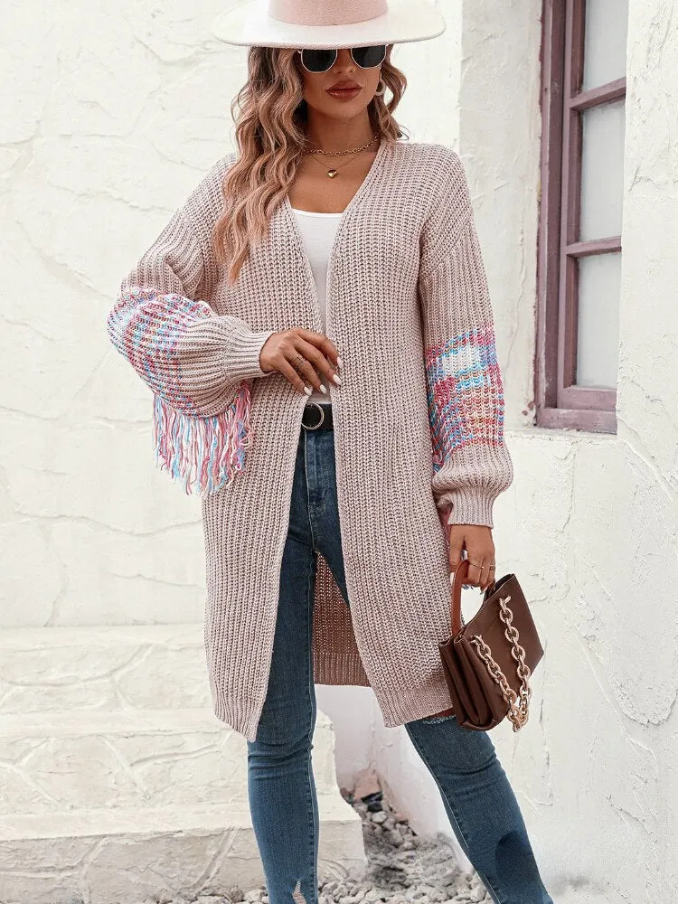 Fashion Women Sweaters 2023 Stitching Long Sleeve Top Loose Sweater Tassel Knit Cardigan Office Lady Winter Clothes Women Coat