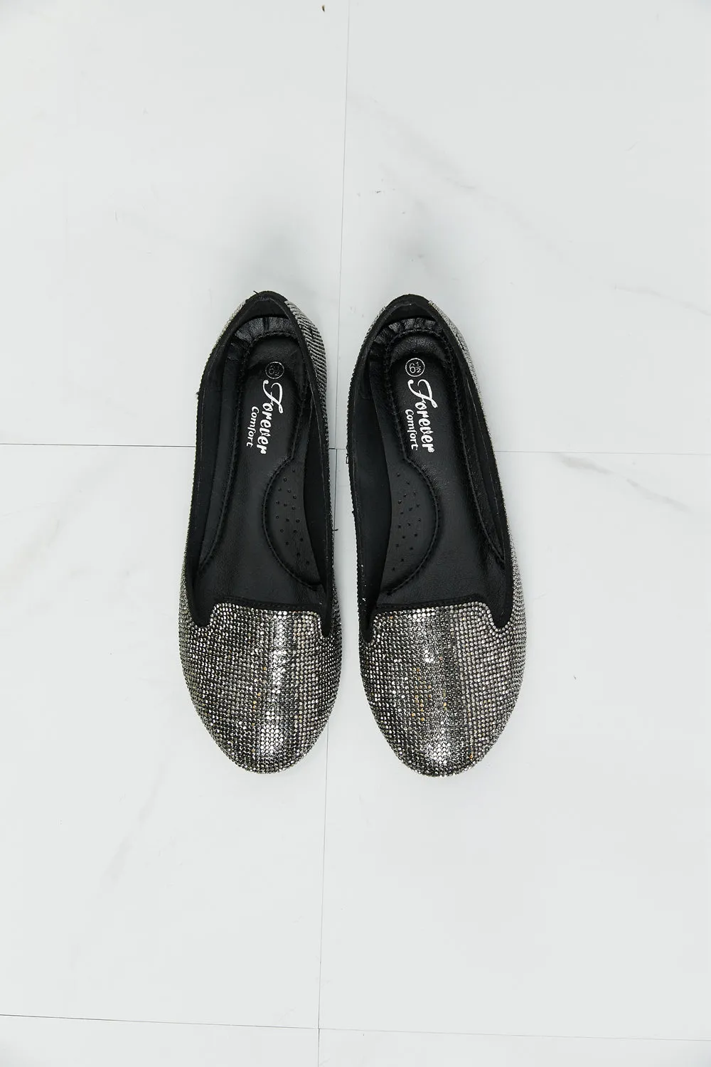 Forever Link Rhinestone Round Toe Flats in Black/Pewter