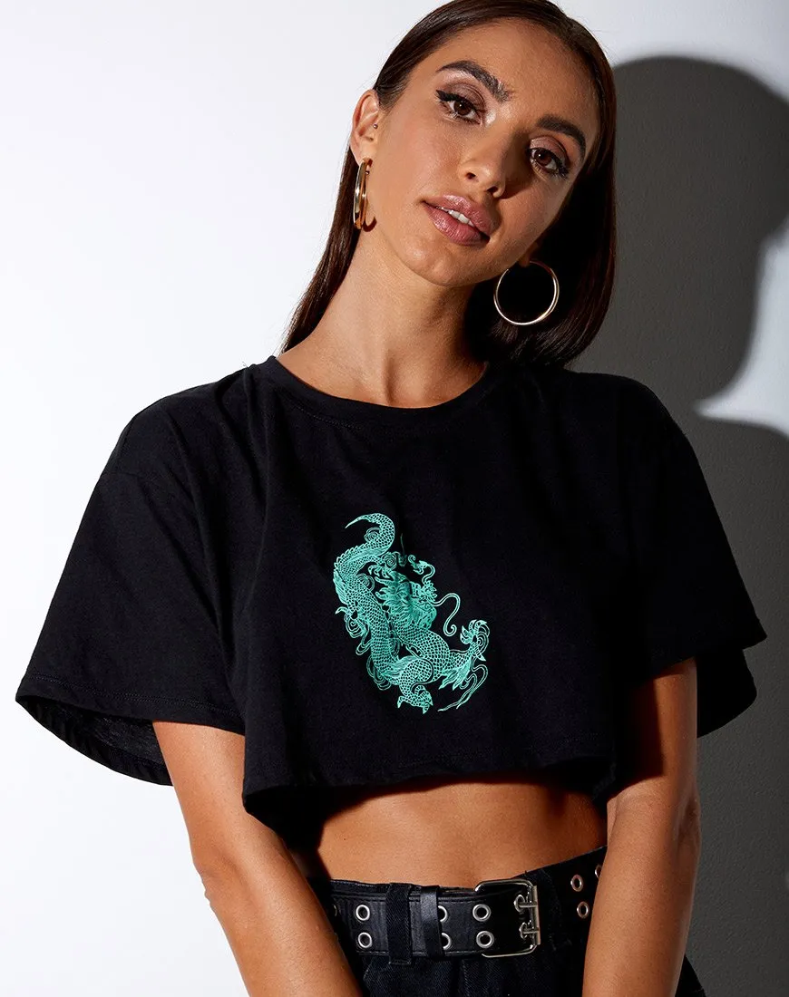 Georgi Cropped Tee in Black and Mint Dragon Placement