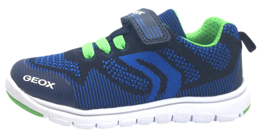 Geox Boy's Xunday Navy Blue Green Lightweight Textile Hook and Loop Strap Elastic Lace Sporty Low Top Breathable Sneaker