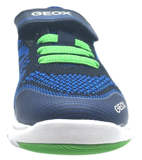 Geox Boy's Xunday Navy Blue Green Lightweight Textile Hook and Loop Strap Elastic Lace Sporty Low Top Breathable Sneaker