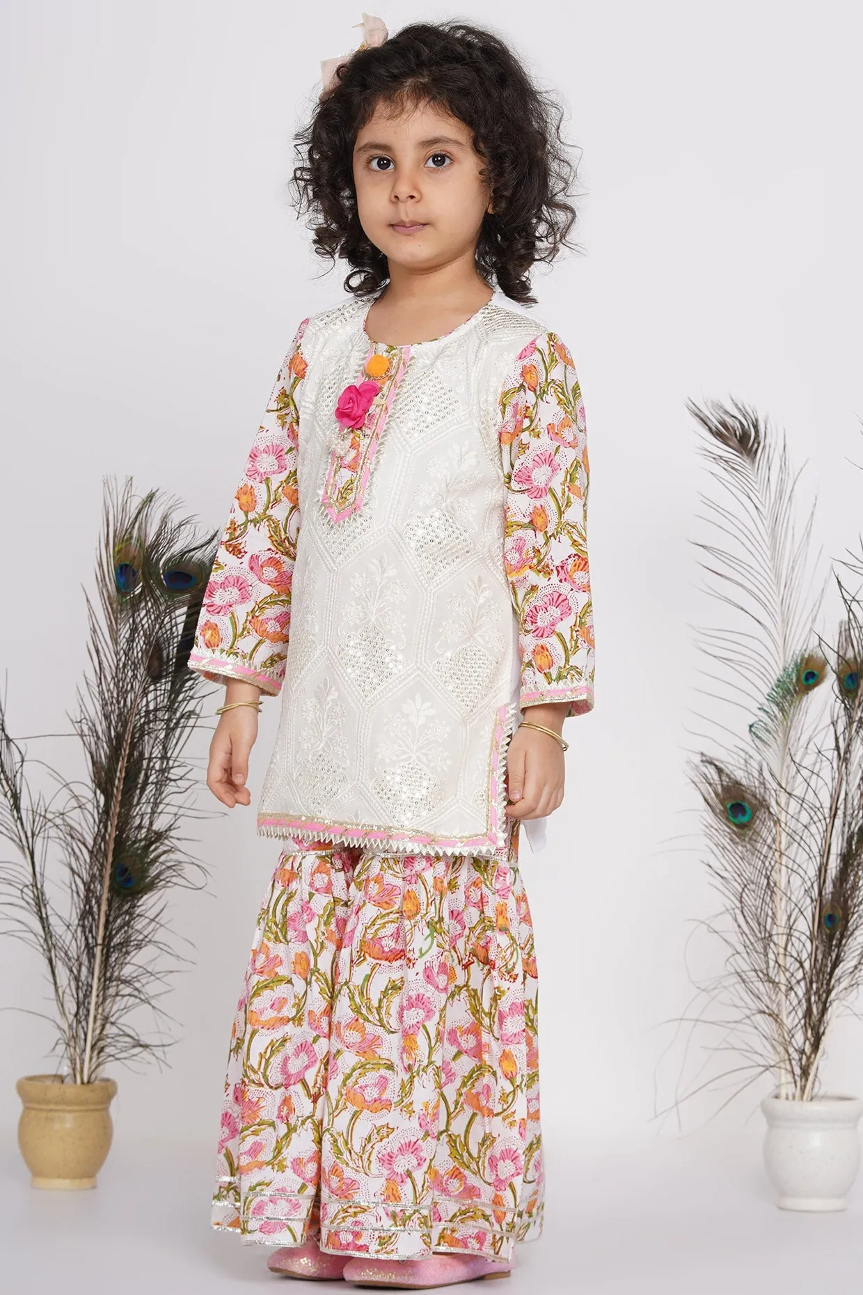 Girl's Cotton Floral Parsi Floral Work Kurta With Floral Sharara And Dupatta - White  - Little Bansi Girls