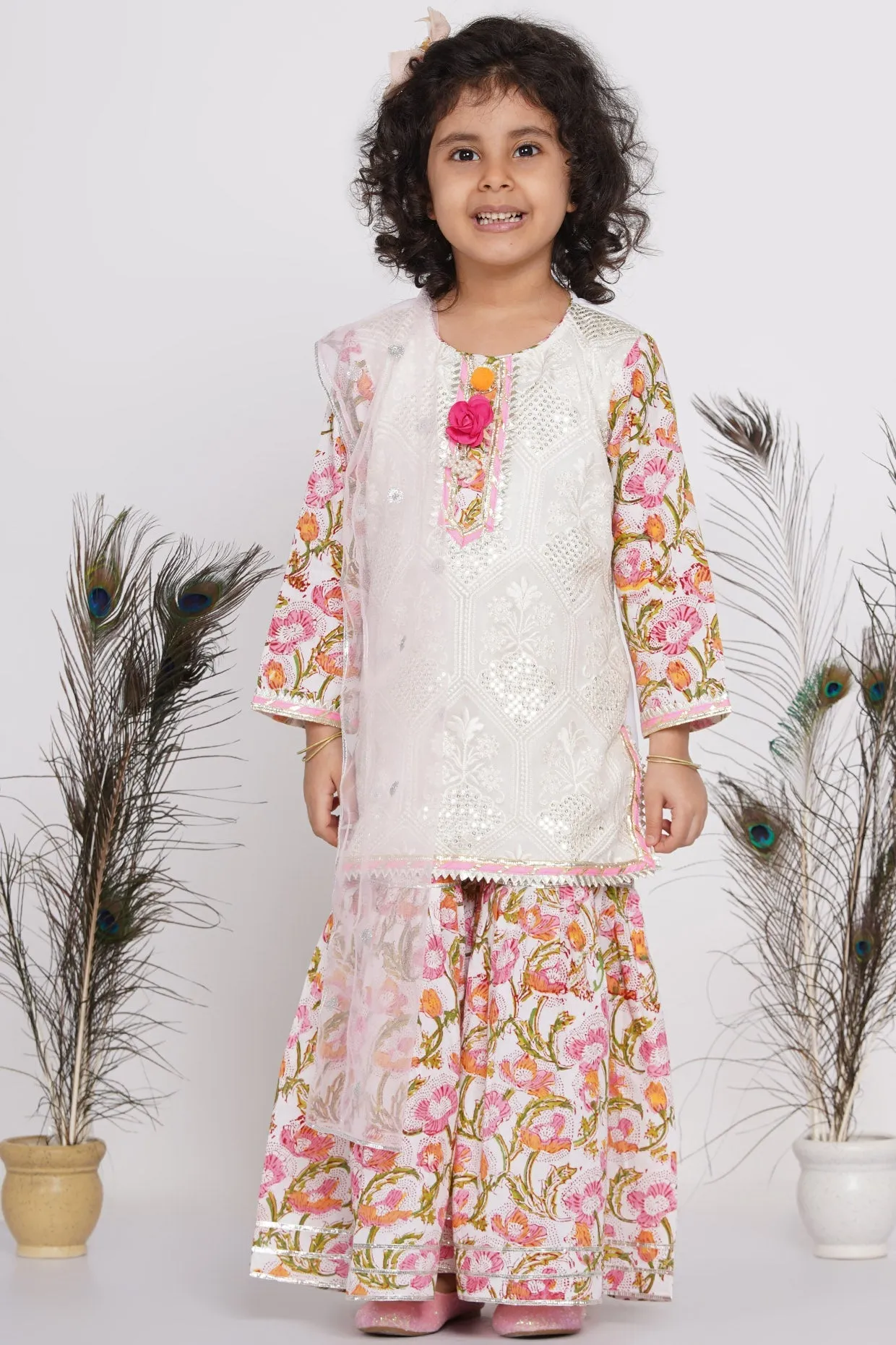 Girl's Cotton Floral Parsi Floral Work Kurta With Floral Sharara And Dupatta - White  - Little Bansi Girls