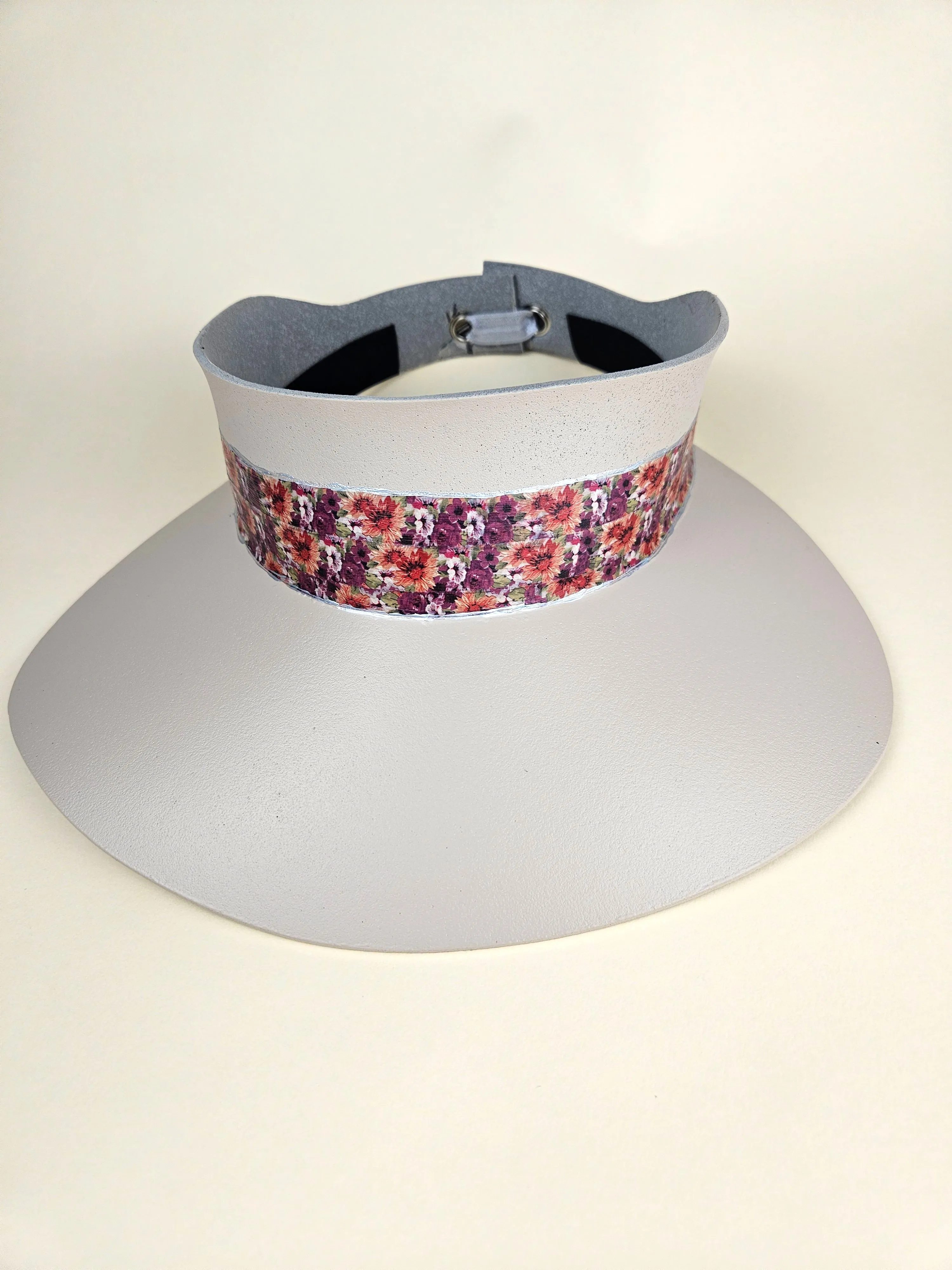 Gray Beige "LadyEVA" Visor Hat with Bright Purple and Orange Floral Band