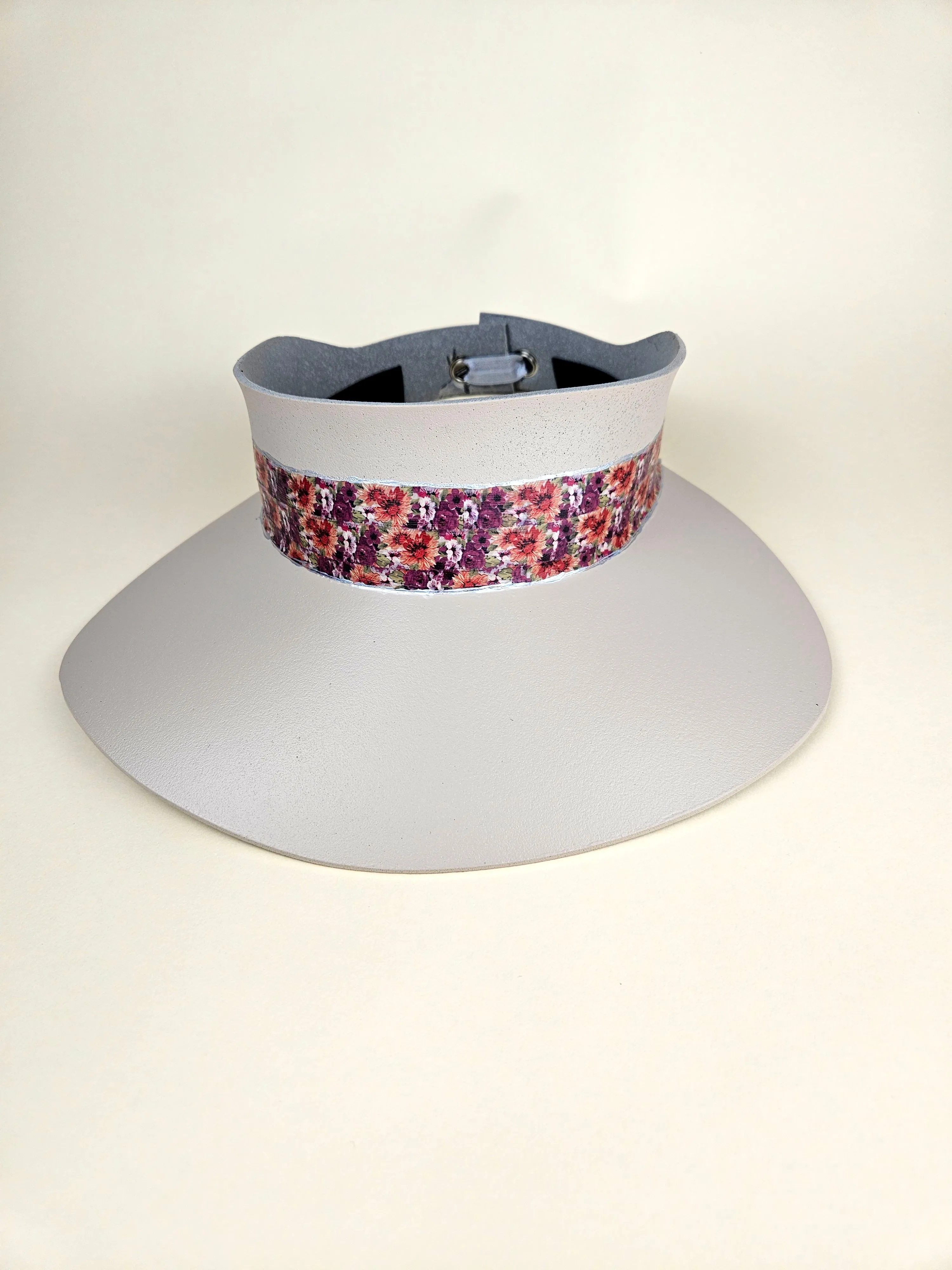 Gray Beige "LadyEVA" Visor Hat with Bright Purple and Orange Floral Band