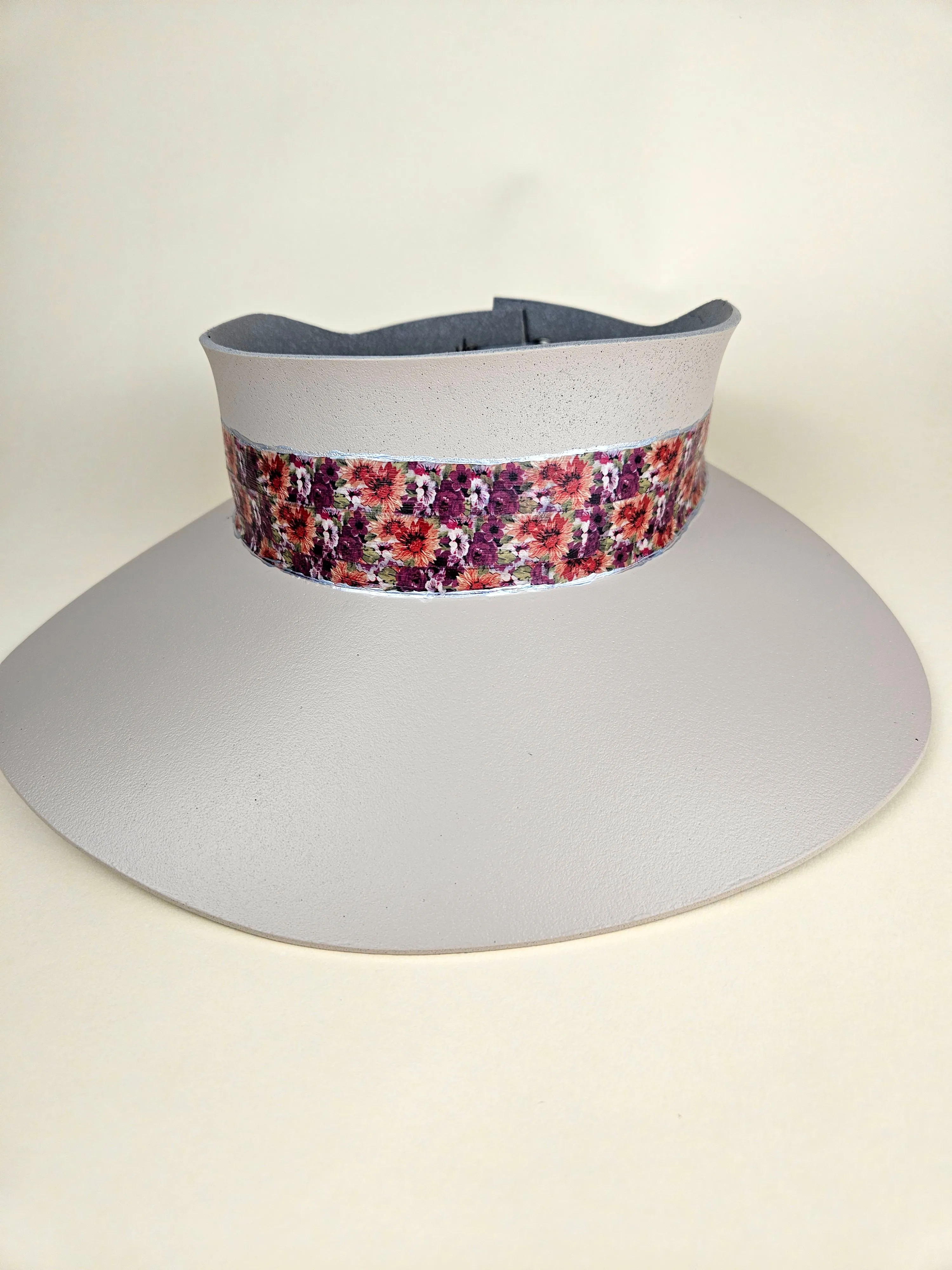 Gray Beige "LadyEVA" Visor Hat with Bright Purple and Orange Floral Band