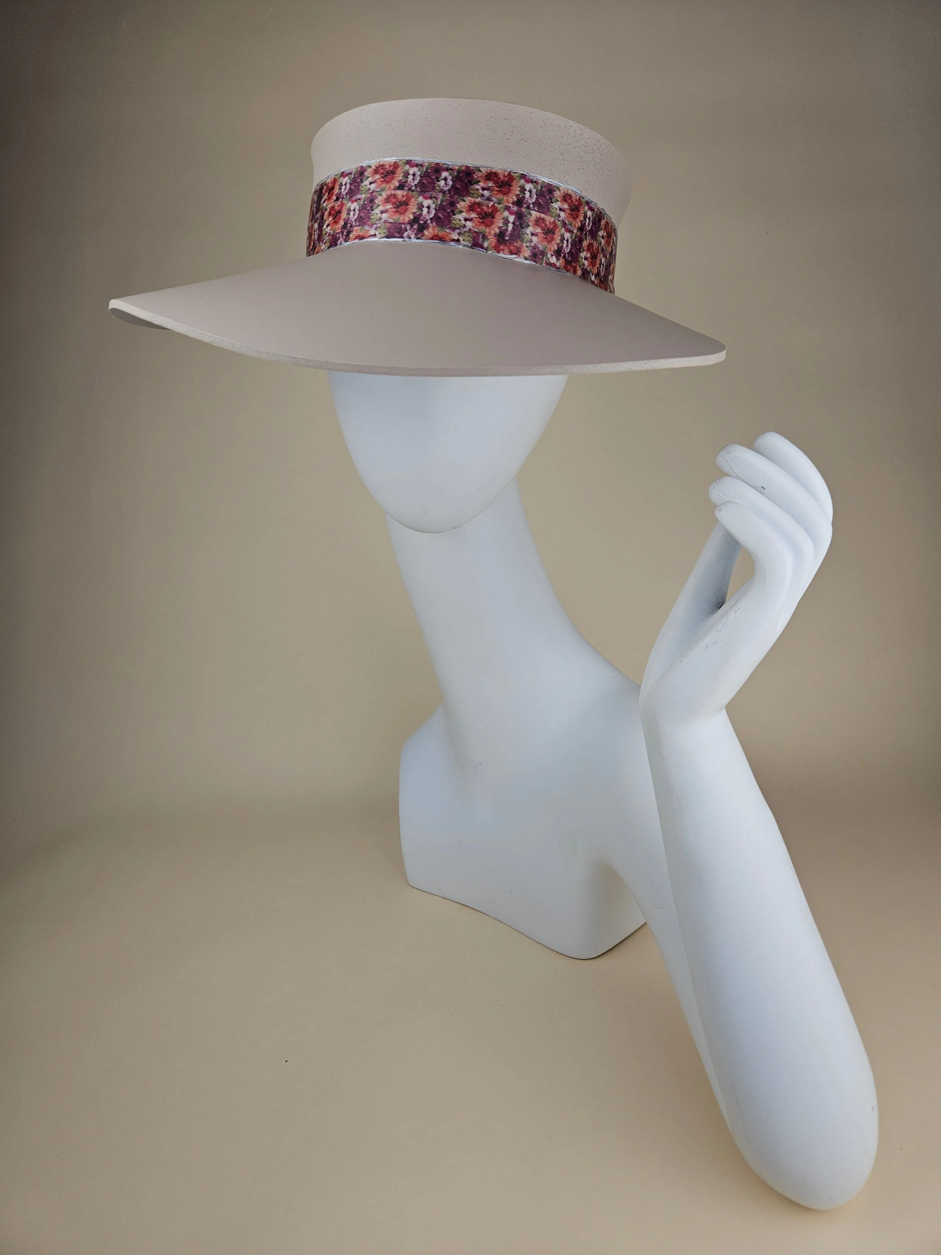 Gray Beige "LadyEVA" Visor Hat with Bright Purple and Orange Floral Band