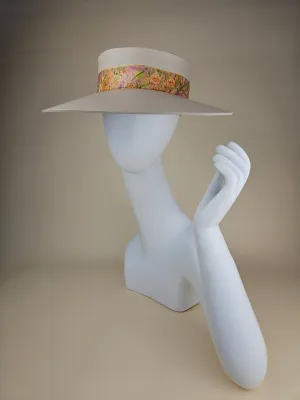 Gray Beige "LadyEVA" Visor Hat with Orange and Gold Floral Band