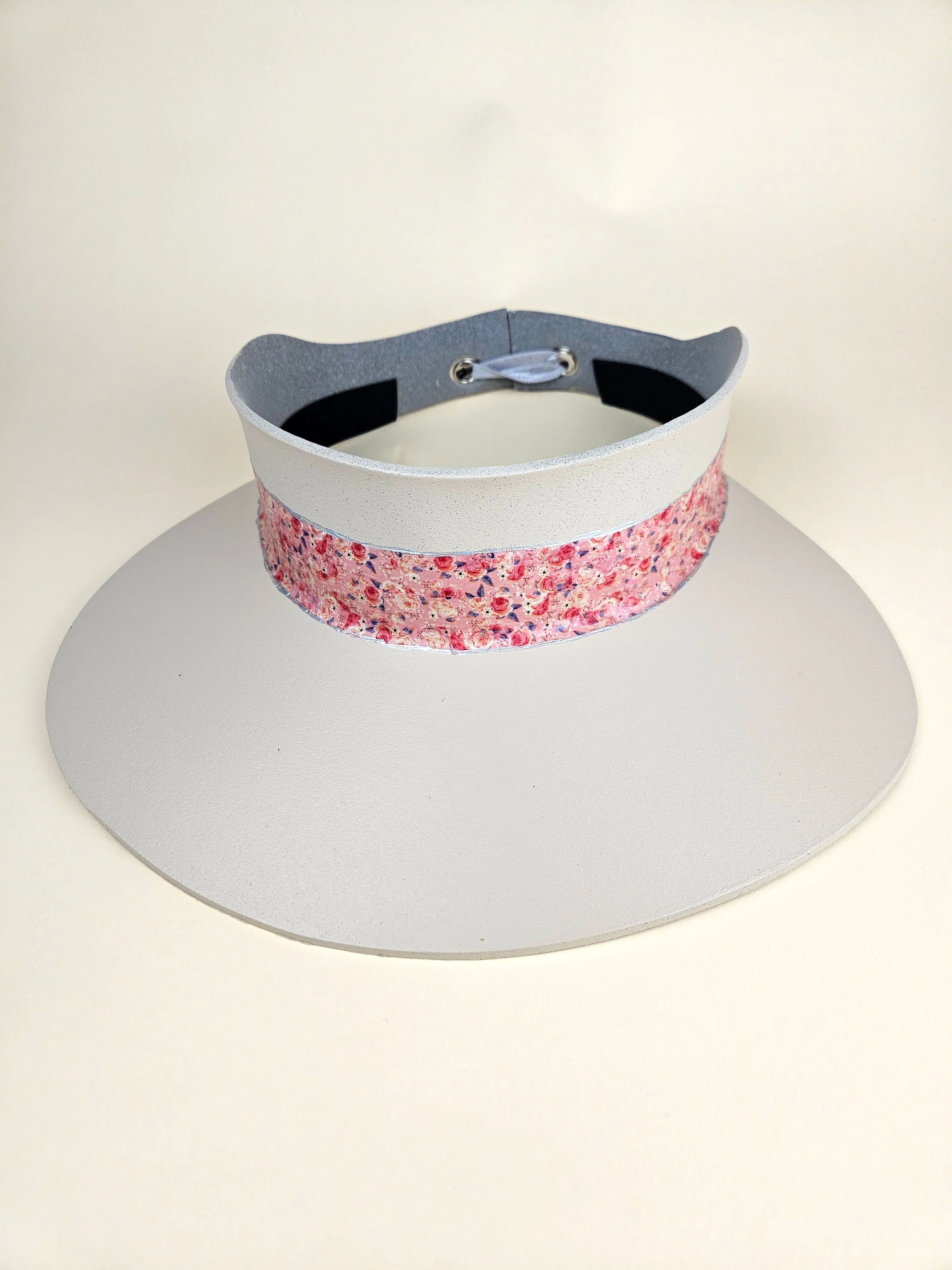 Gray Beige "LadyEVA" Visor Hat with Pink Floral Band