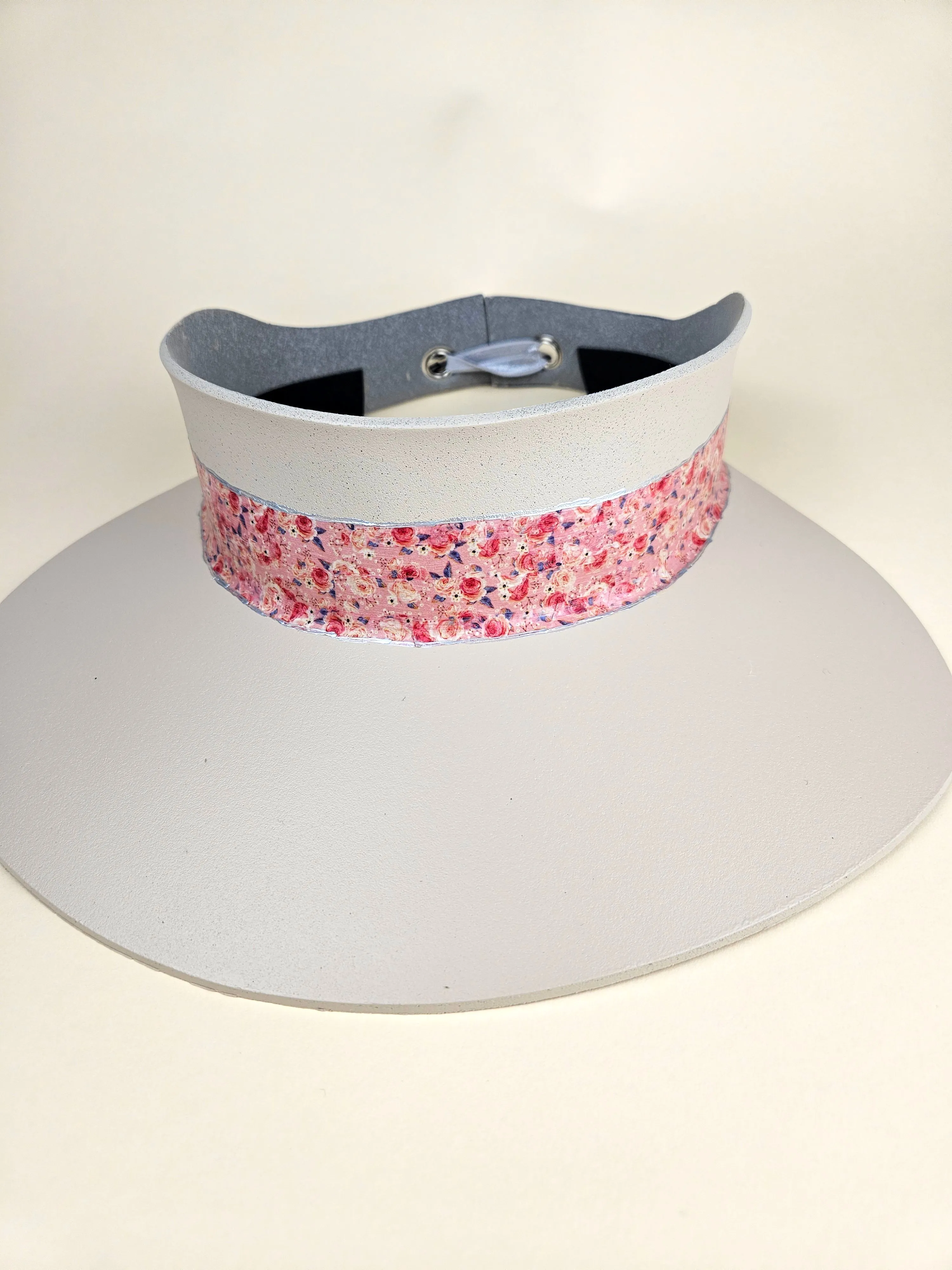 Gray Beige "LadyEVA" Visor Hat with Pink Floral Band