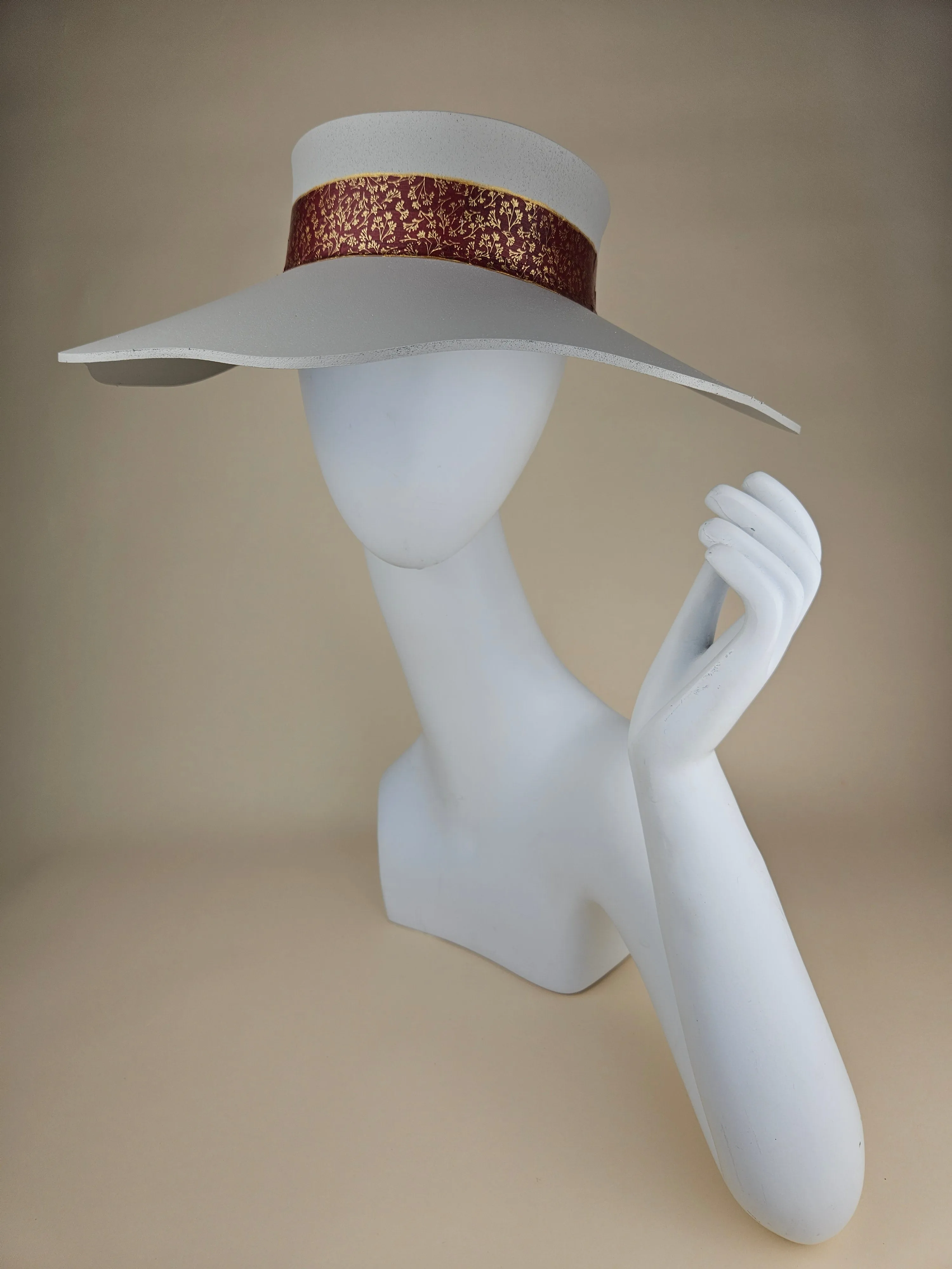 Gray Lotus Visor Hat with Burgundy and Gold Floral Band