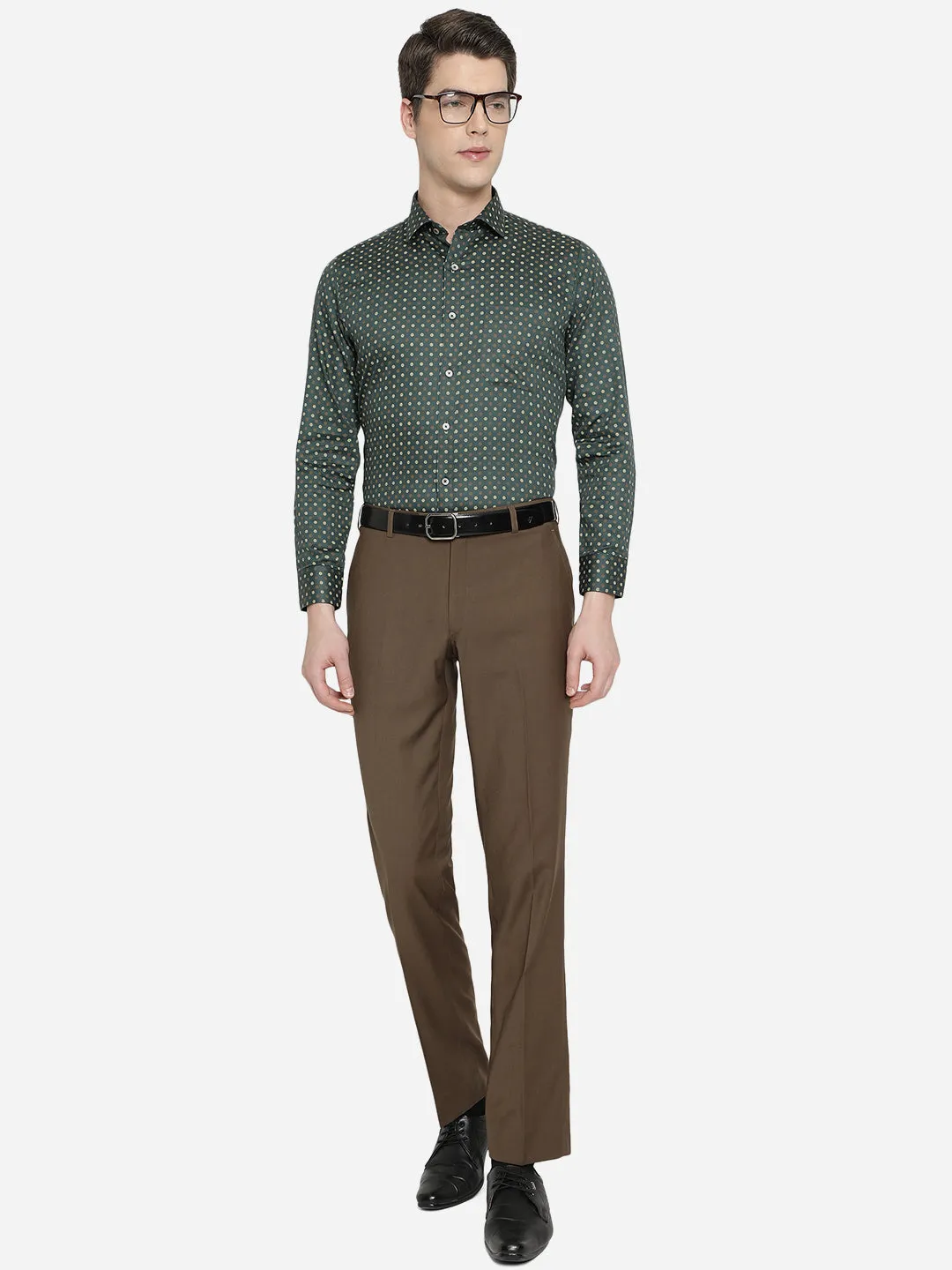 Green & Beige Printed Slim Fit Formal Shirt | Greenfibre