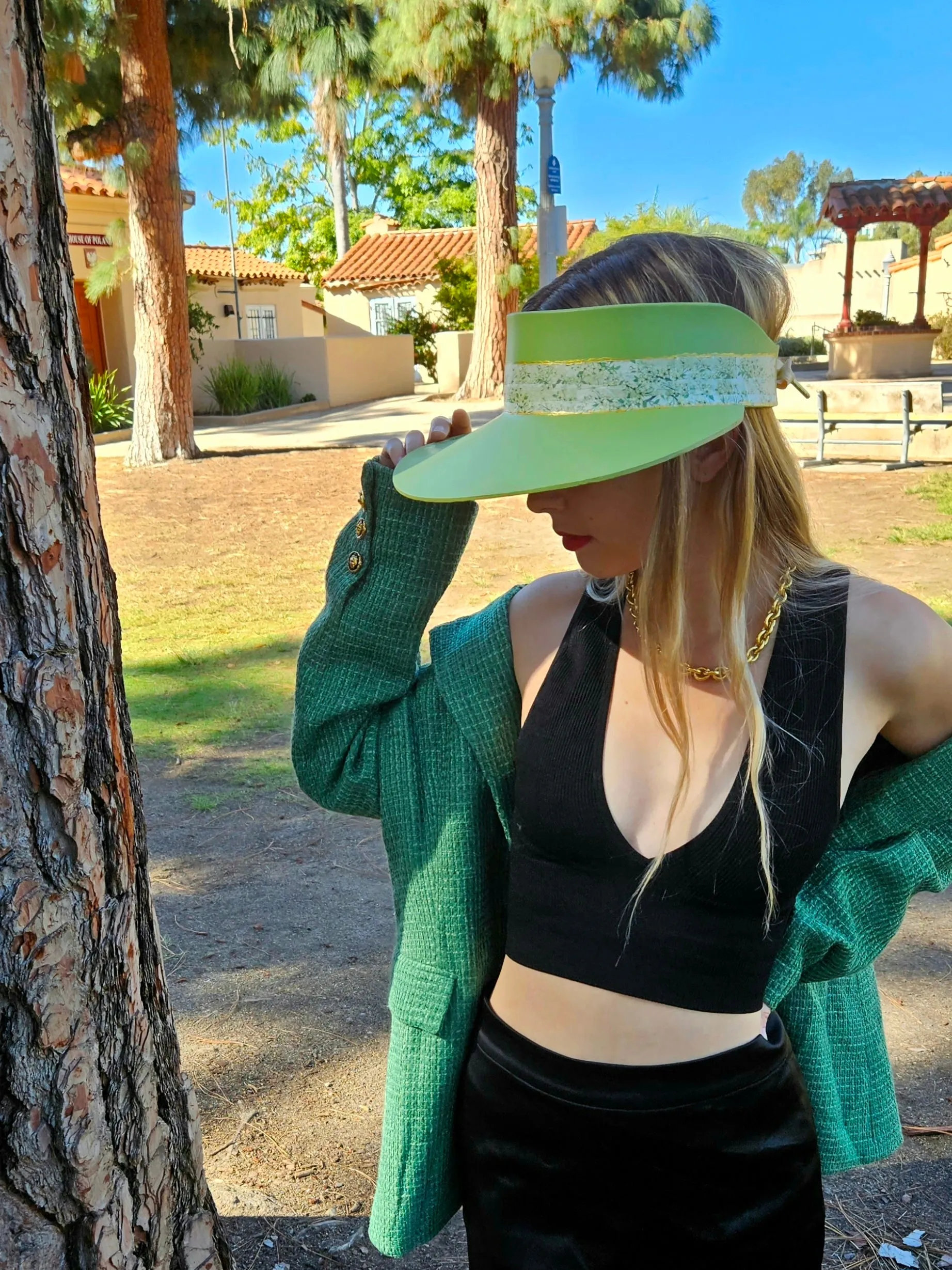 Green "LadyEVA" Visor Hat with Bright Green Garden Band and Handpainted Floral Motif