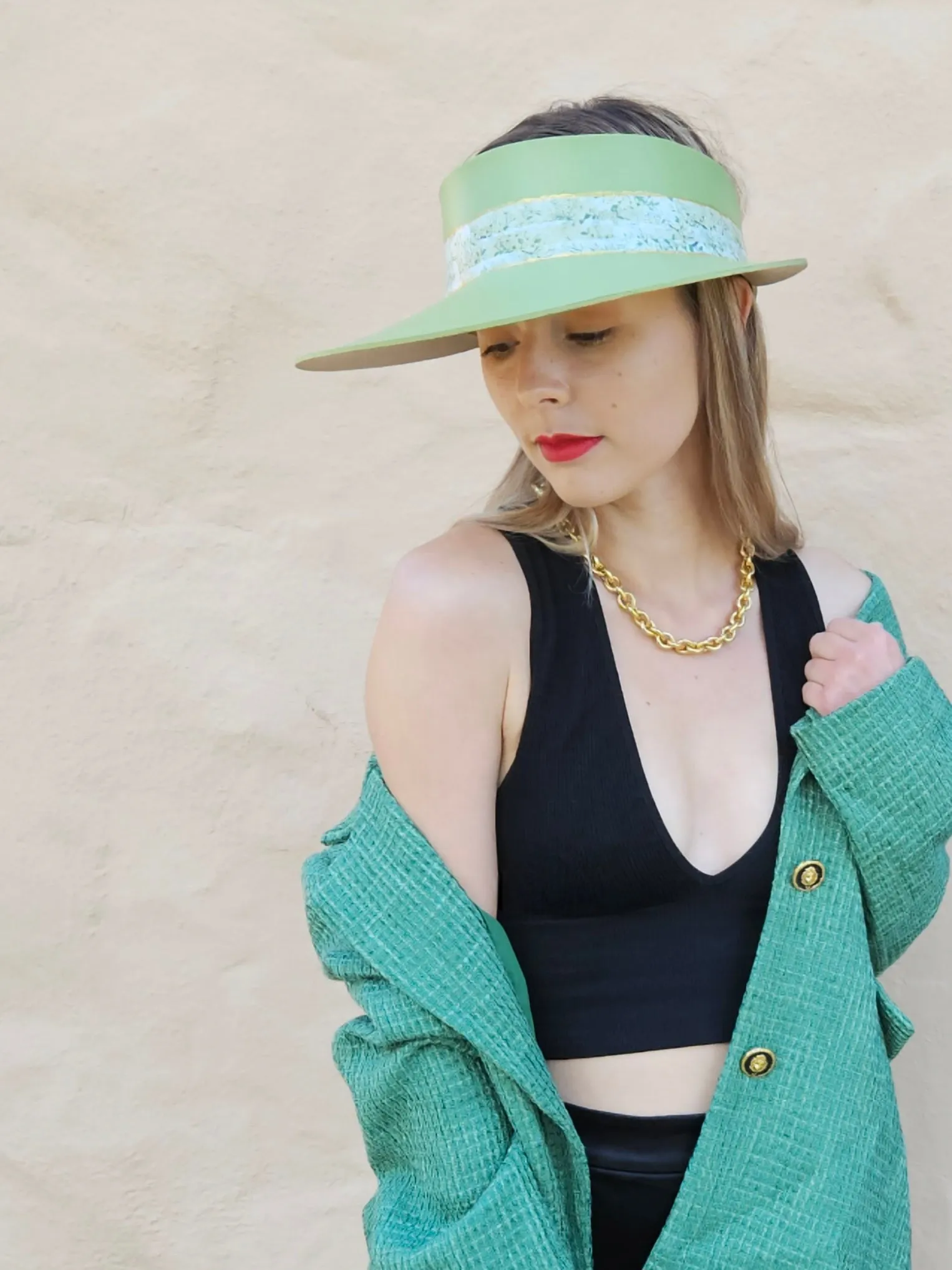 Green "LadyEVA" Visor Hat with Bright Green Garden Band and Handpainted Floral Motif