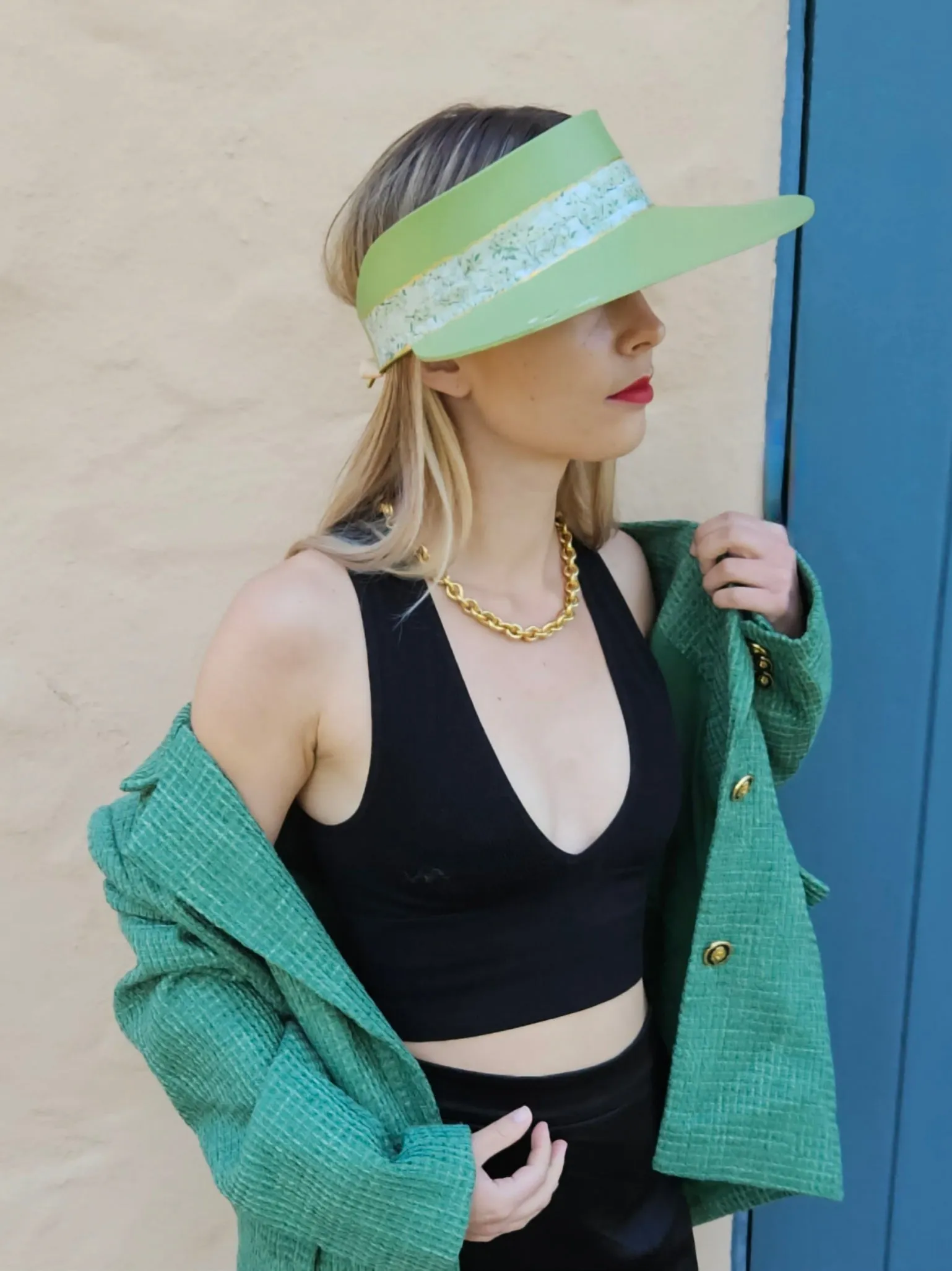 Green "LadyEVA" Visor Hat with Bright Green Garden Band and Handpainted Floral Motif