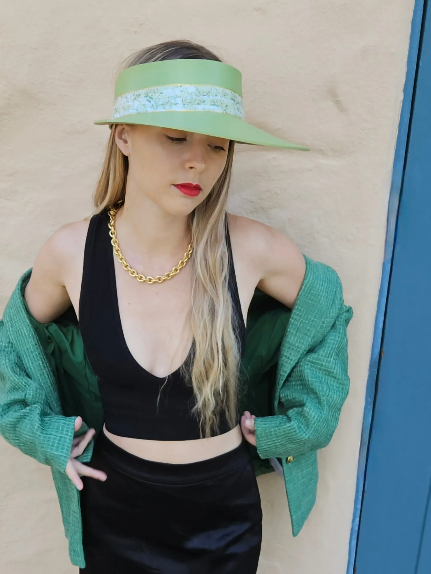 Green "LadyEVA" Visor Hat with Bright Green Garden Band and Handpainted Floral Motif