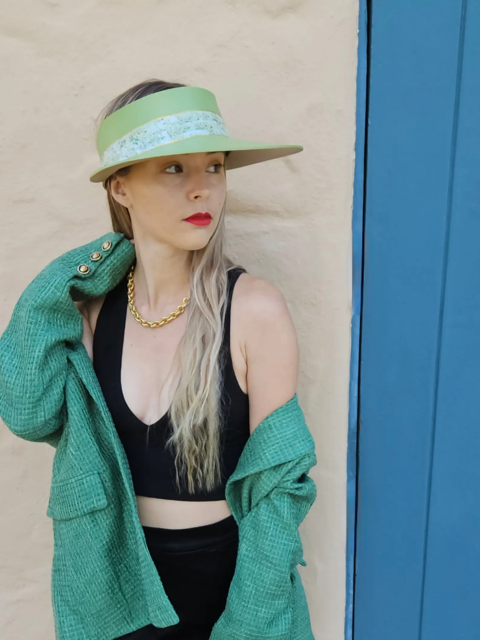 Green "LadyEVA" Visor Hat with Bright Green Garden Band and Handpainted Floral Motif