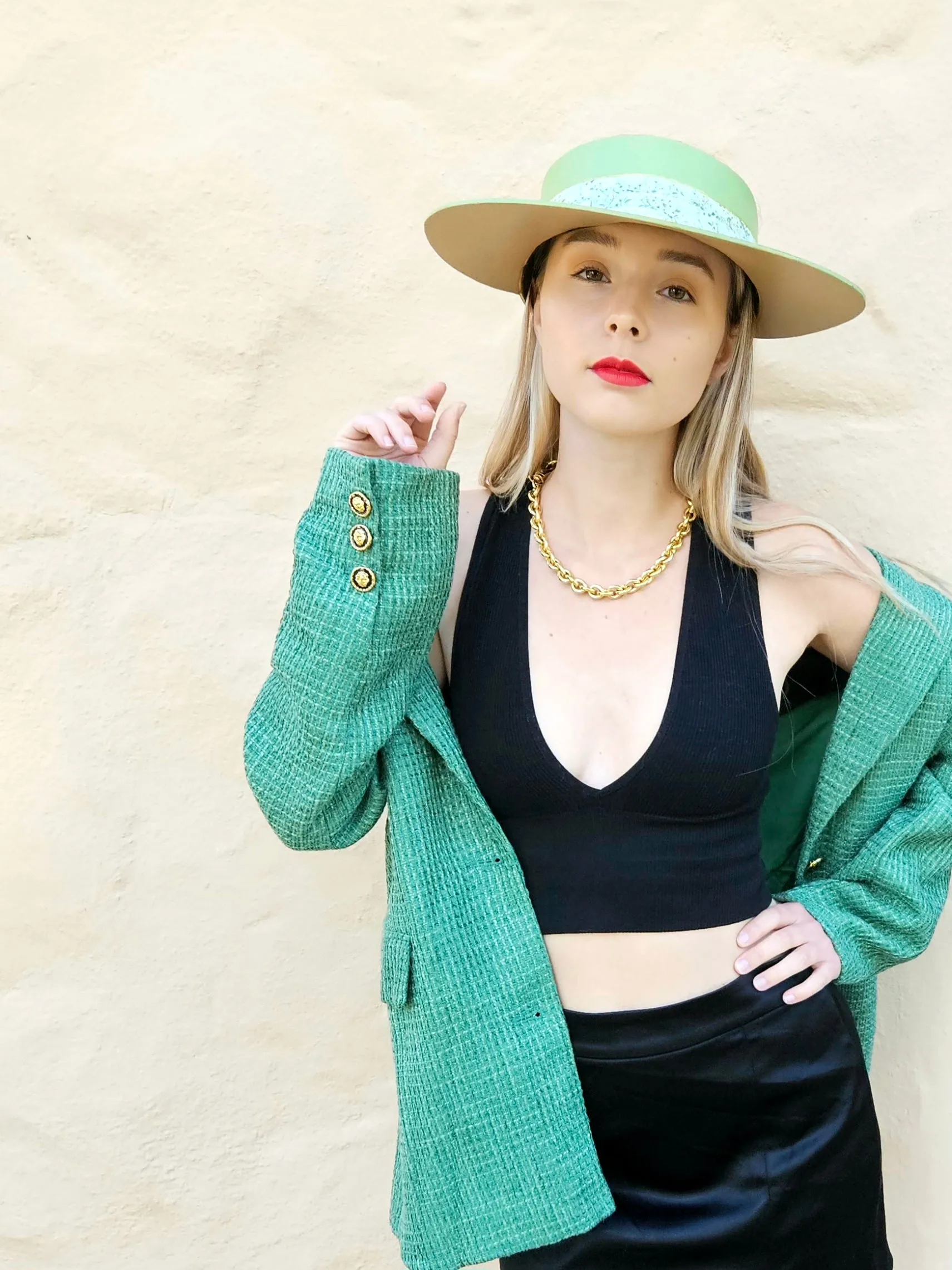 Green "LadyEVA" Visor Hat with Bright Green Garden Band and Handpainted Floral Motif