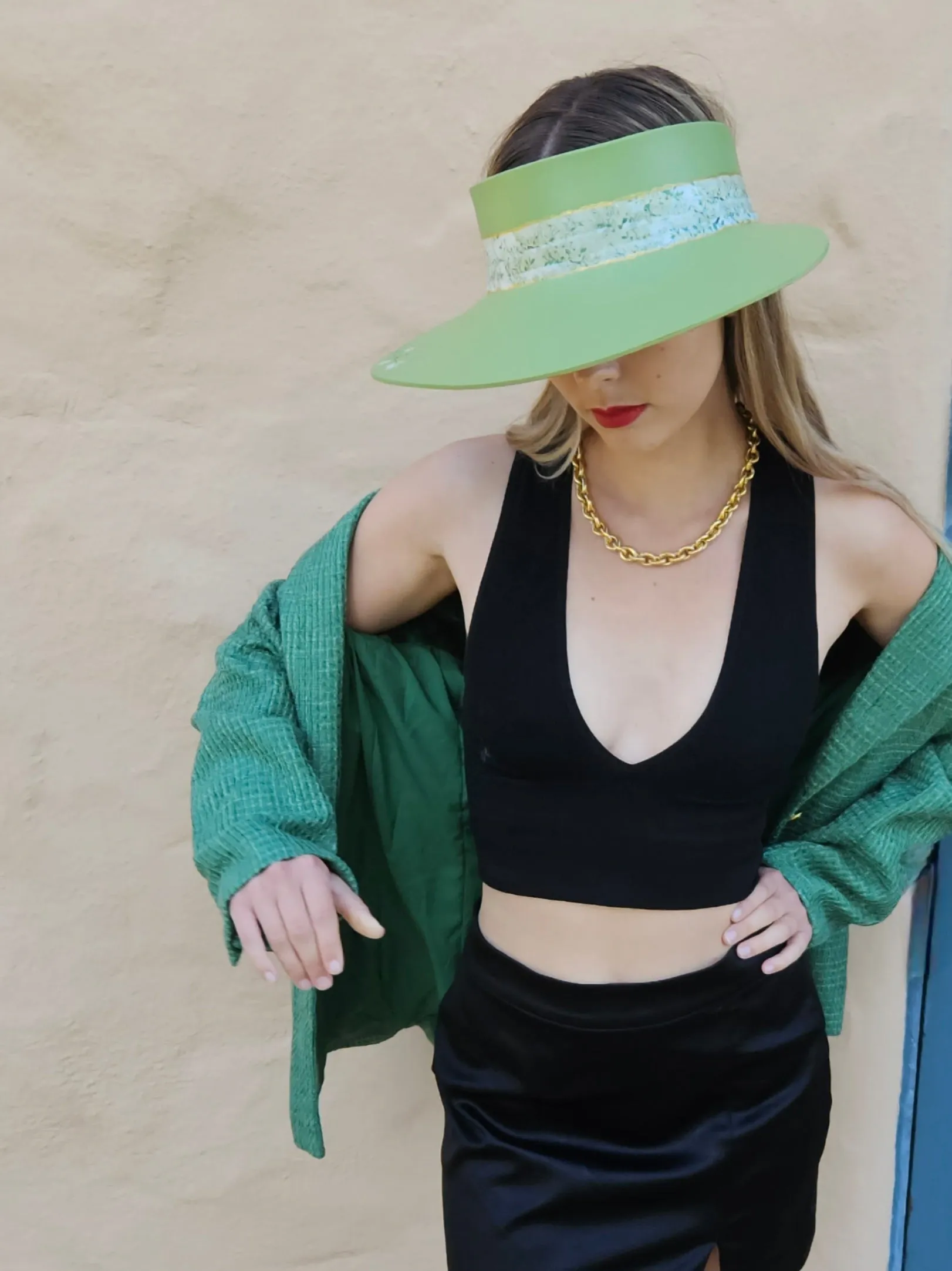 Green "LadyEVA" Visor Hat with Bright Green Garden Band and Handpainted Floral Motif