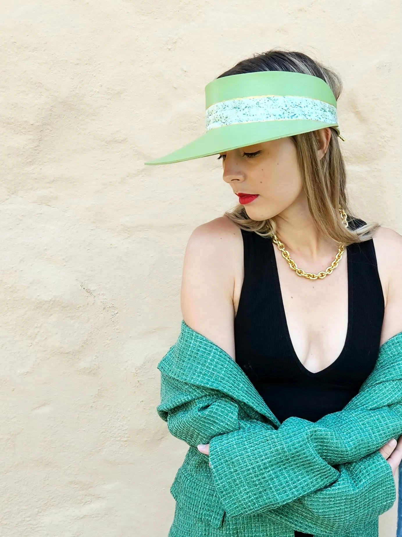 Green "LadyEVA" Visor Hat with Bright Green Garden Band and Handpainted Floral Motif