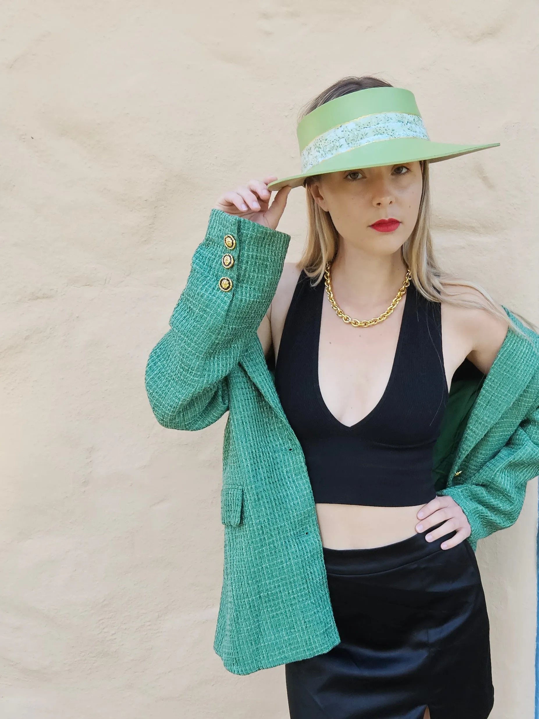 Green "LadyEVA" Visor Hat with Bright Green Garden Band and Handpainted Floral Motif