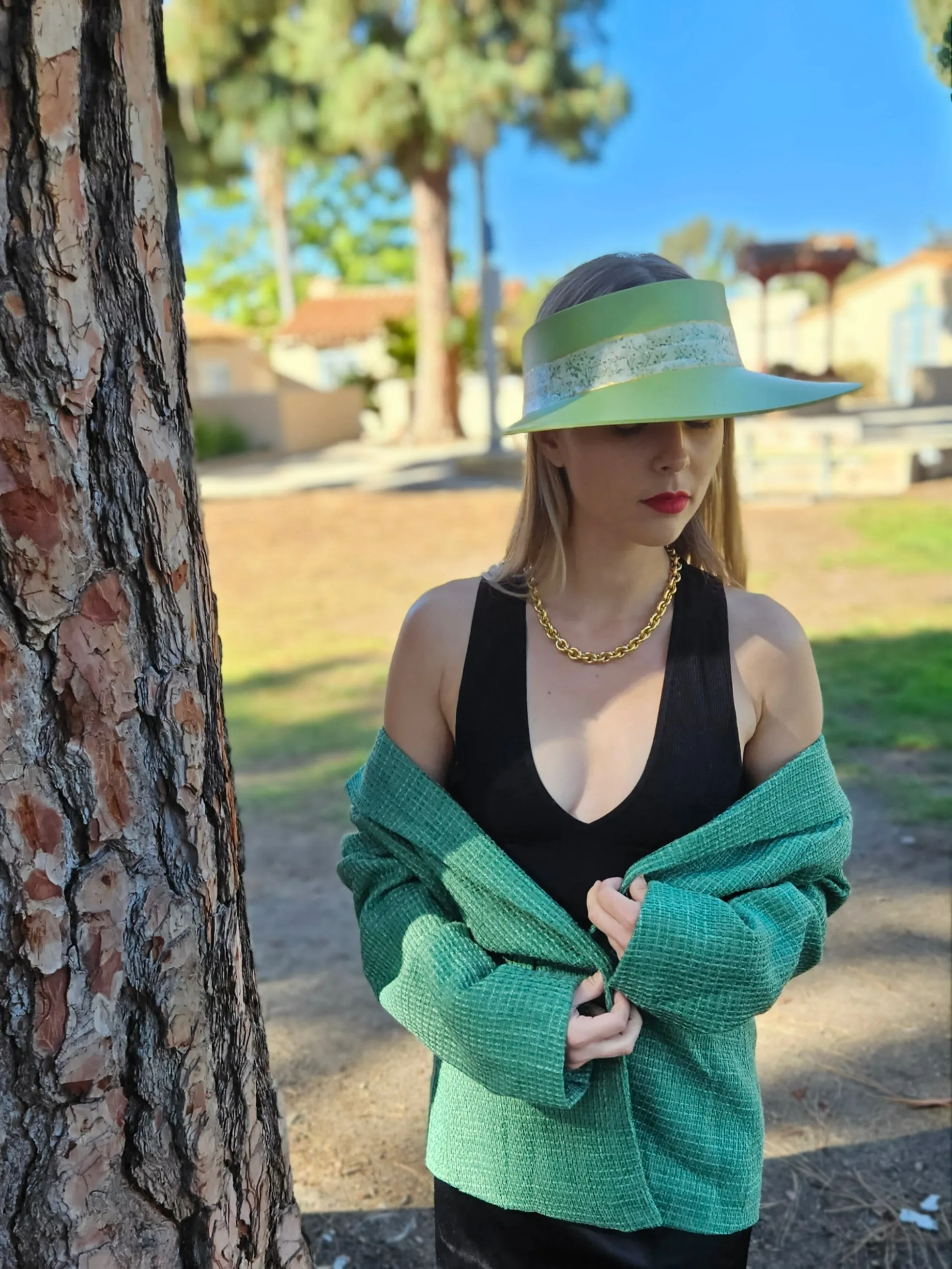 Green "LadyEVA" Visor Hat with Bright Green Garden Band and Handpainted Floral Motif