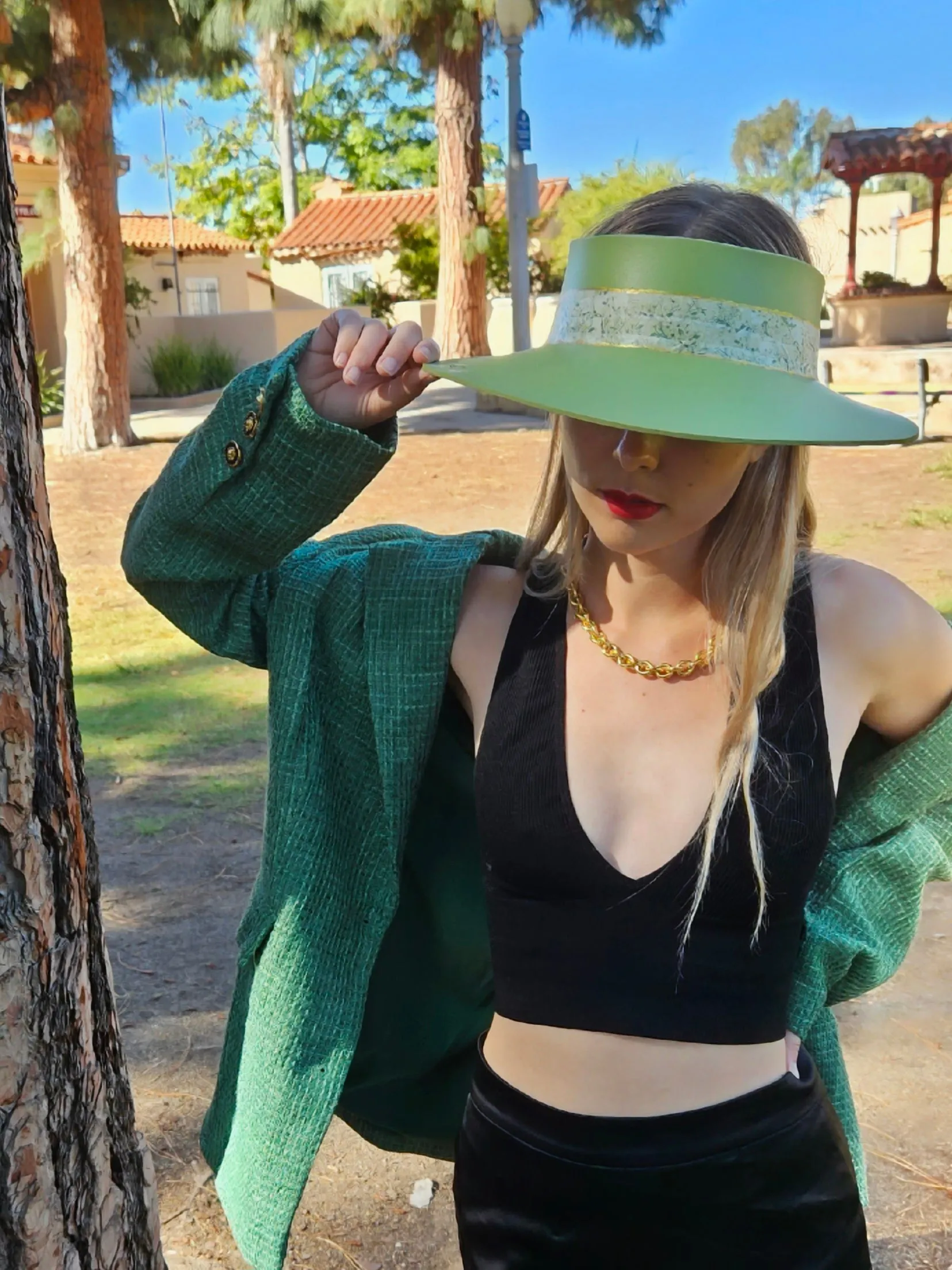 Green "LadyEVA" Visor Hat with Bright Green Garden Band and Handpainted Floral Motif